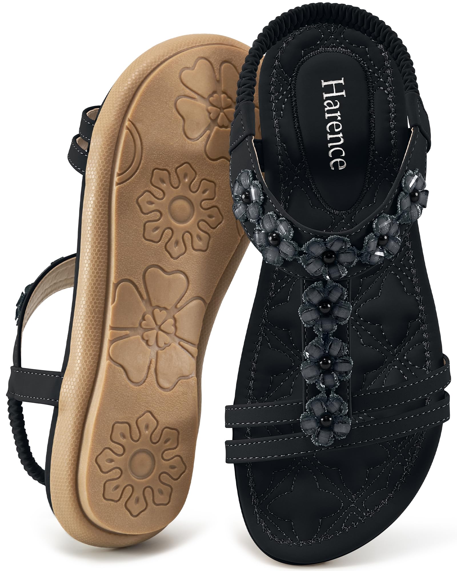 HARENCE Summer Flat Sandals for Women: Comfortable Bohemian Beaded Flats Shoes Elastic Ankle Strap Casual Walking Slip On Dress Sandal