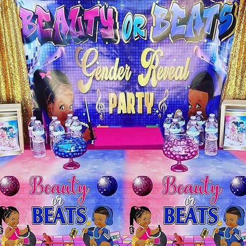 Miniatura 2 de Funmemoir Beauty or Beats - Decoraciones de revelación de género - Mantel de revelación de género de hip hop, decoraciones de mesa para él o ella de