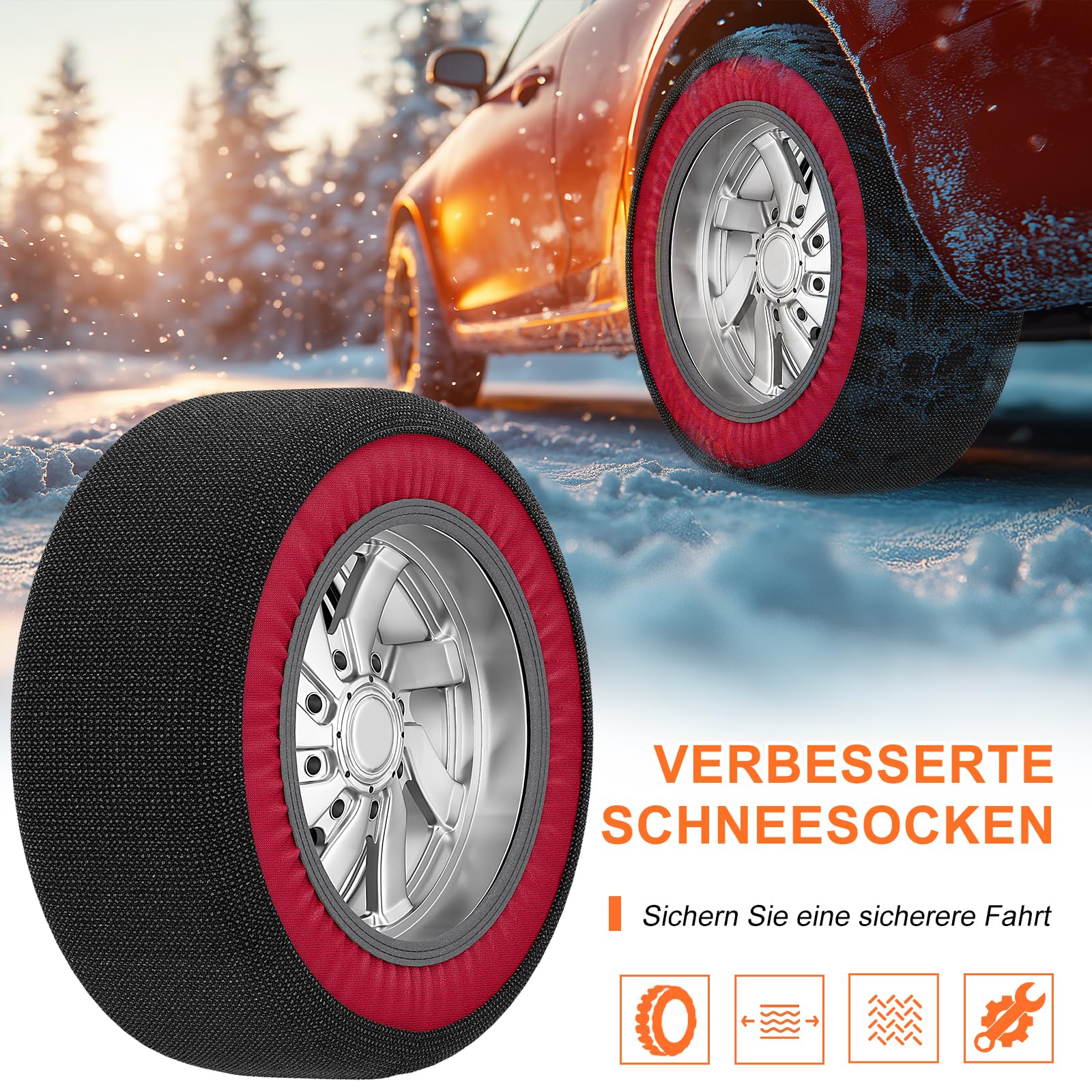 SUNYRISY Calze da Neve in Tessuto Premium Textile Snow Sock, Catene da Neve antiscivolo, per auto, colore: rosso, XL