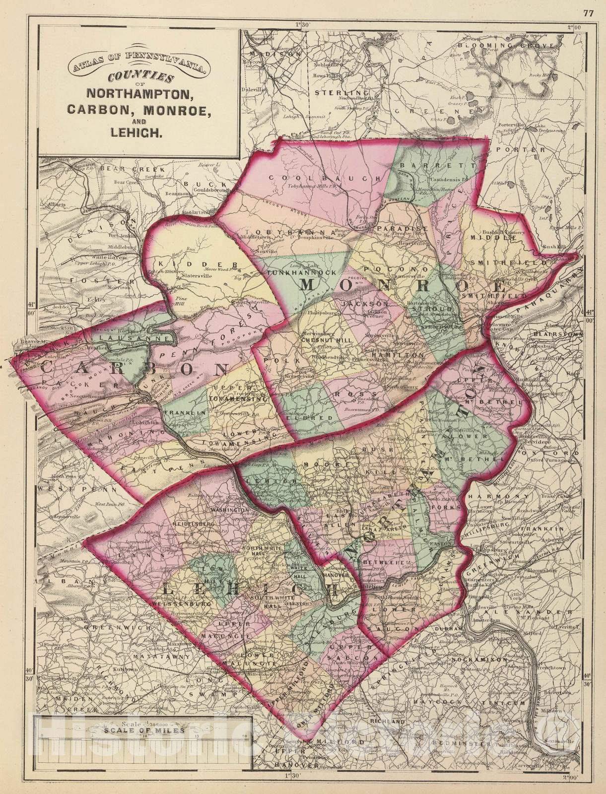 Historic Map : 1872 Northampton, Carbon, Monroe, Lehigh Counties. - Vintage Wall Art - 24in x 30in