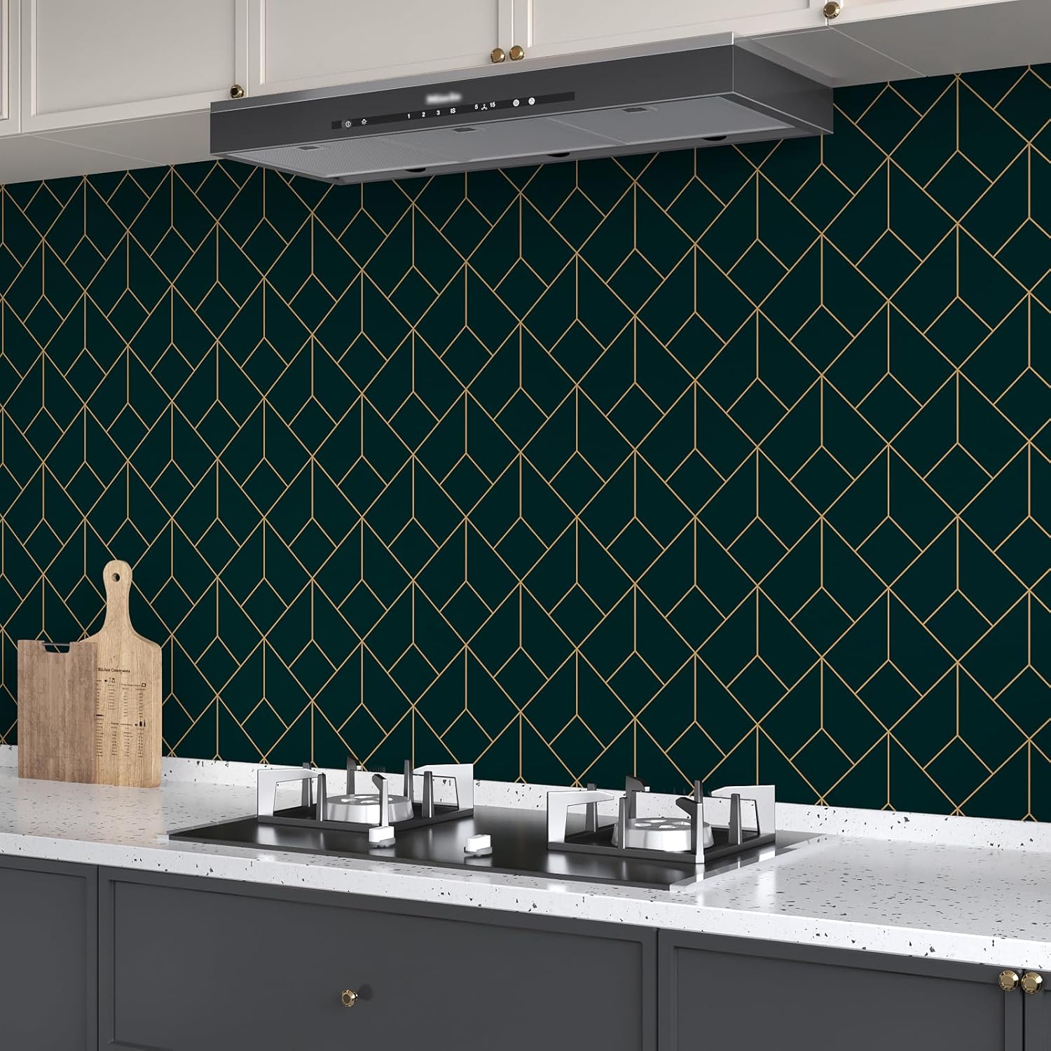 Black and Gold Geometric Wallpaper Peel and Stick Black Gold Contact Paper Removable Self Adhesive Wallpaper for Cabinets Walls Vinyl Speakeasy Wallpapers for Bedroom Bathroom 17.5×102.3''