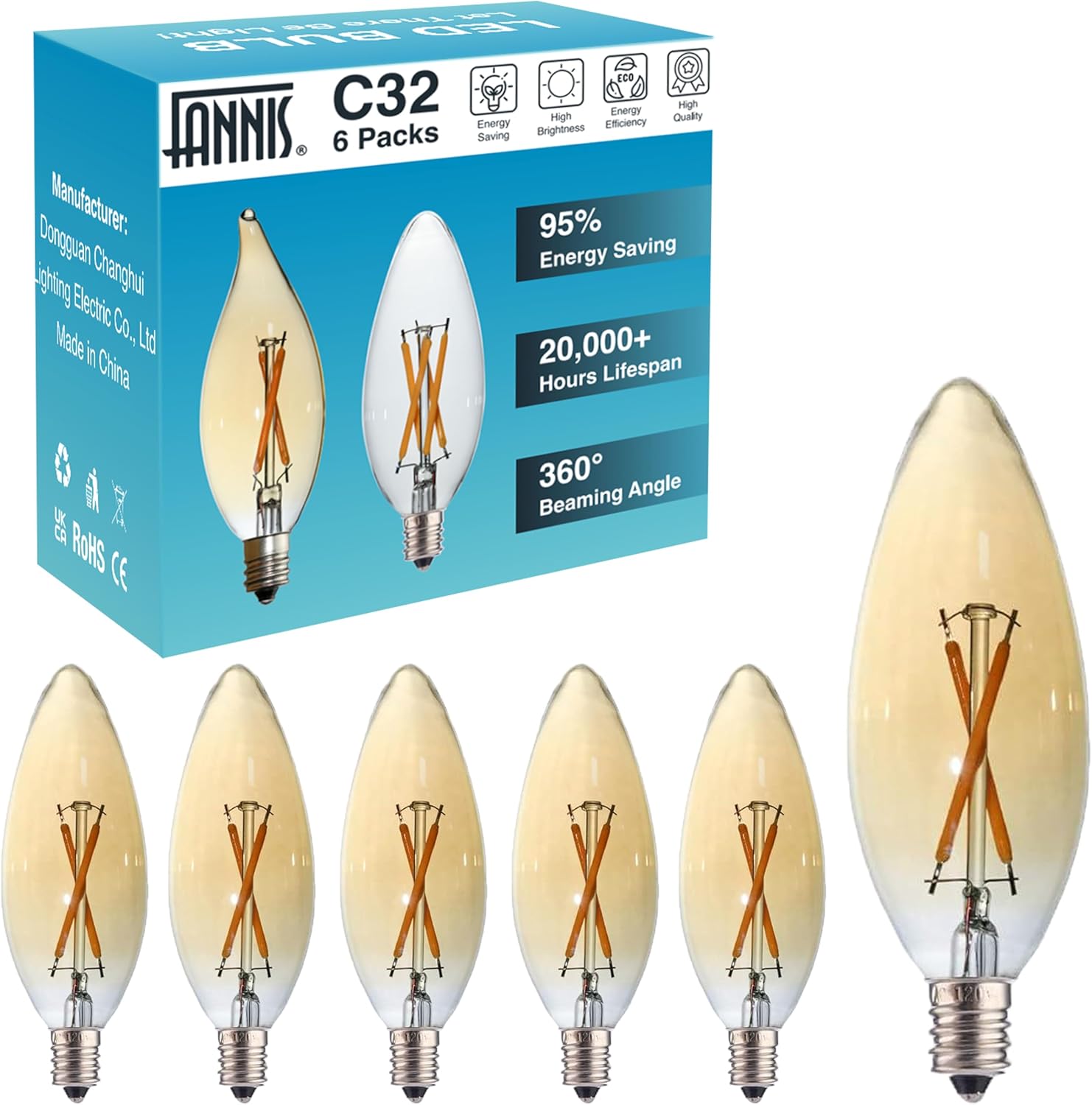 6 Pack C32 B10 B11 E12 Candelabra LED Candle Light, 2W Suitable for 10W-15W-20W Soft Warm Light, Amber Glass Suitable for Chandeliers, wall sconces Fan Lights.