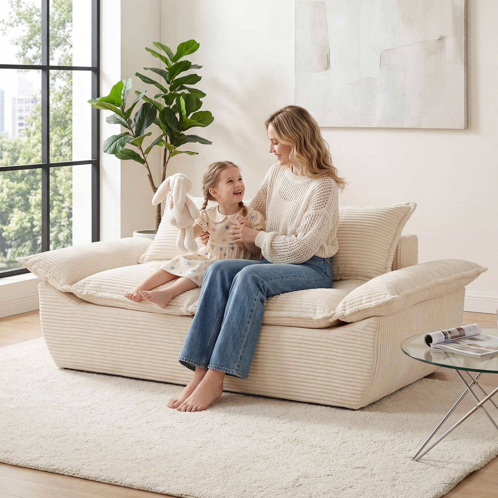 59 Boneless Loveseat Sofa 2-Seater Beige Boneless Sofa with Removable Cushions 2 Pillows Small Couch Boneless Compress Foam