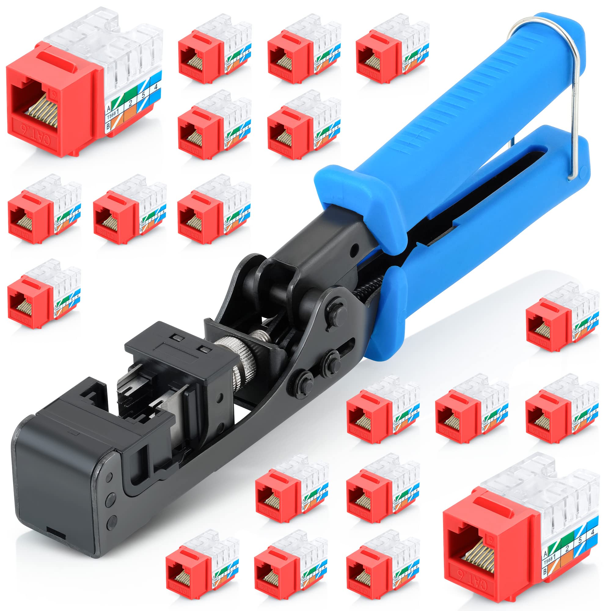 Everest easyJACK - 90° Angled Speed Termination Keystone Tool Set - with 20-Pack of RJ45 Cat6 Keystone Jacks in Red (Slim Profile Design) - Time Saver