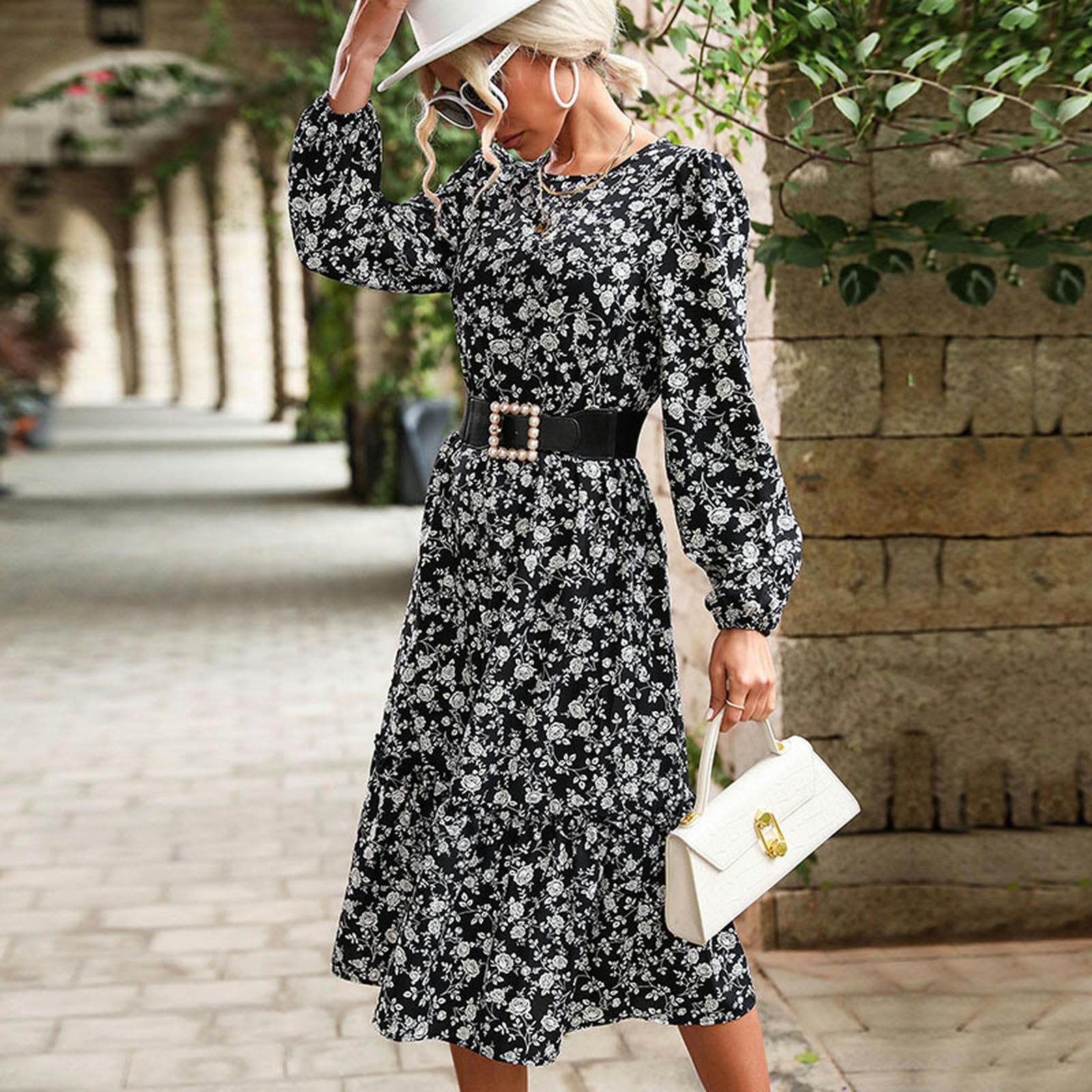 Vestidos para mujer, vestidos casuales de verano, manga larga, estampado floral, fiesta, playa, midi, YYEFNMAZ