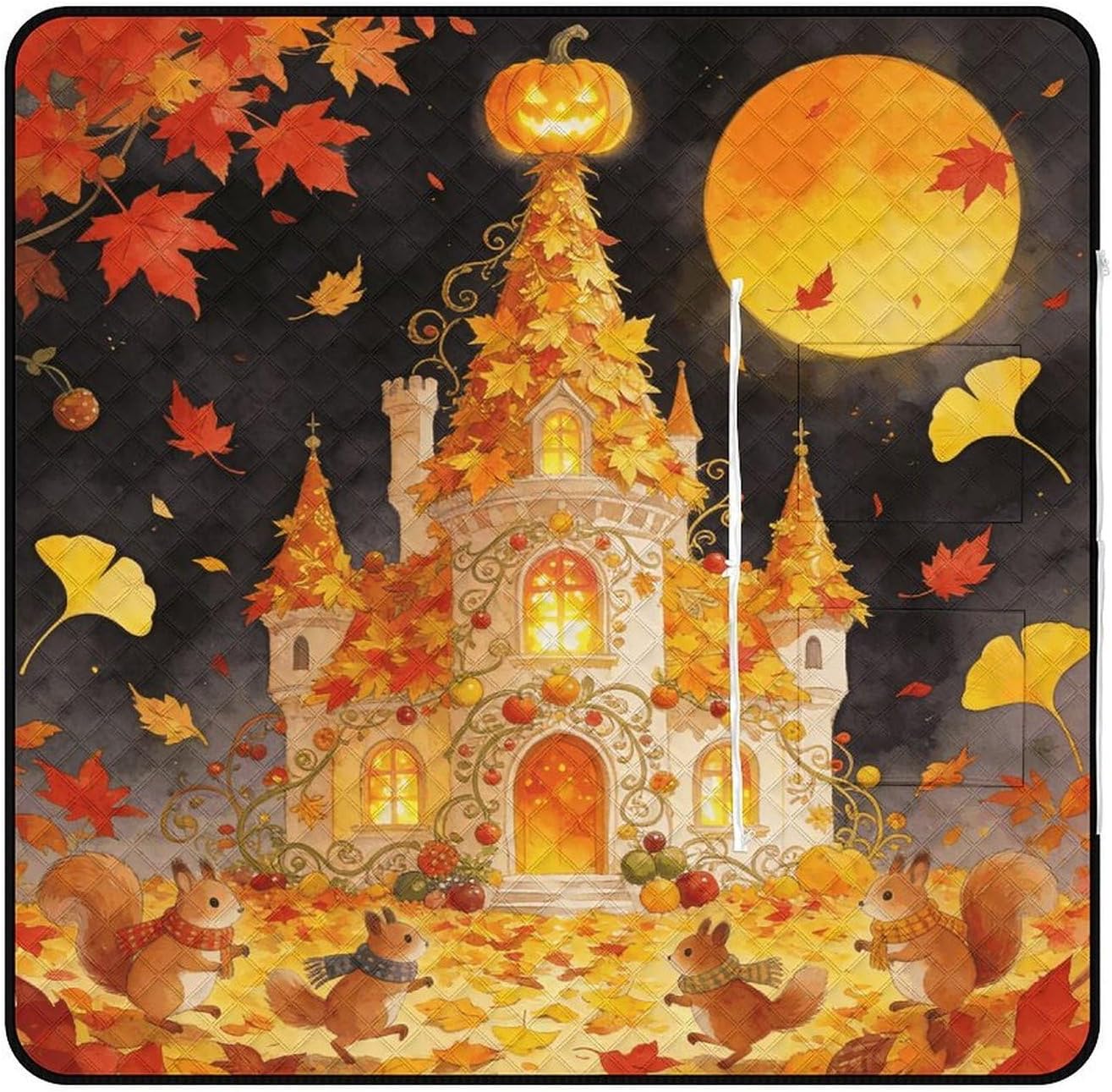 Squirrel Party Picnic Blanket with Zipper Water Resistant Sand Free Picnic Mat Washable Foldable Easy Carry Beach Blanket for Lawn Beach Hiking Camping