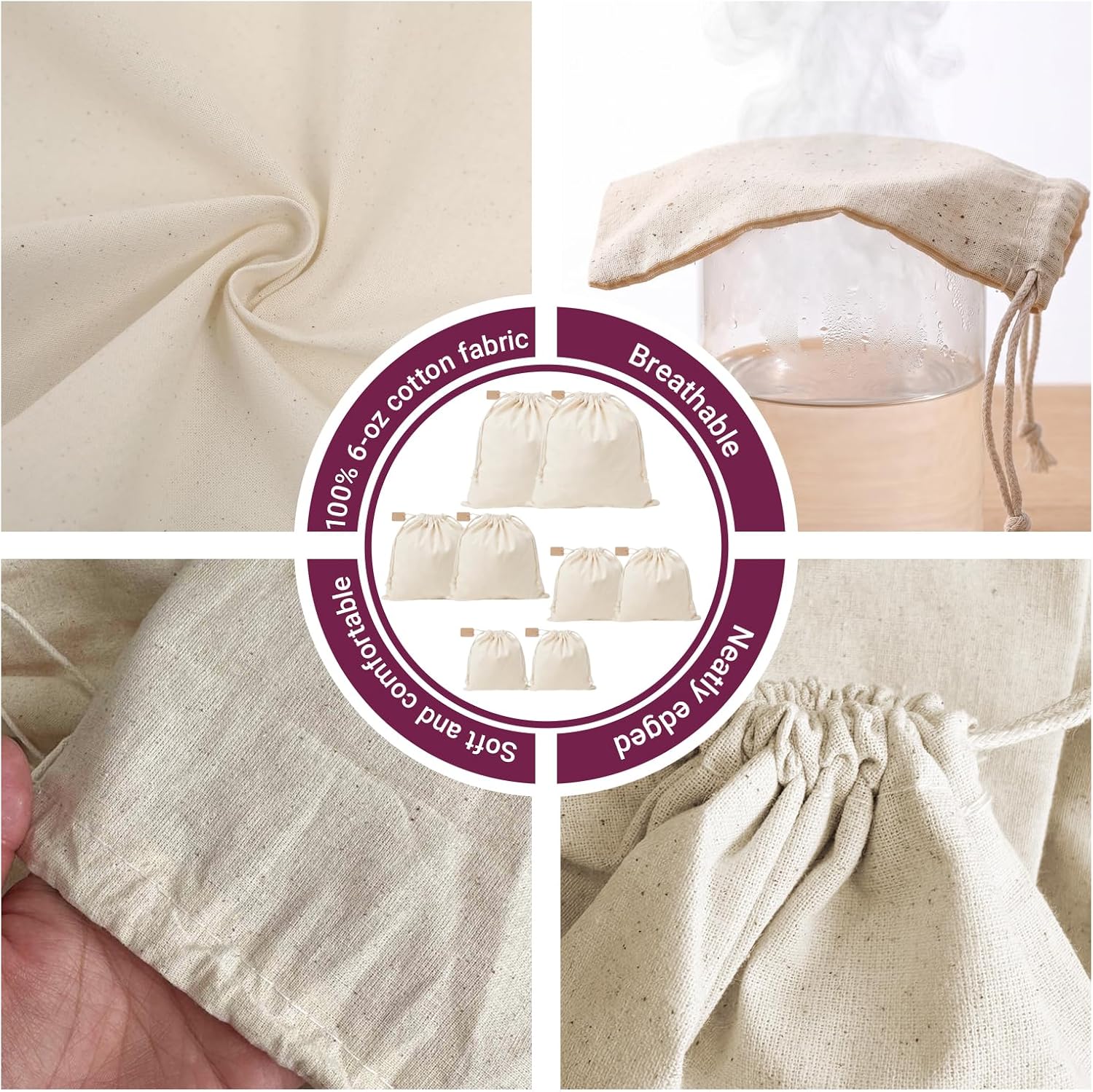 6oz 100% Cotton Bags with Drawstring Set of 8(S,M,L,XL),Reusable Muslin Bulk Sack Produce Bags,Multi-Purpose Canvas Bag for Vegetables,Flour,Bread,Breathable Fabric Shoe Dust Storage Bag