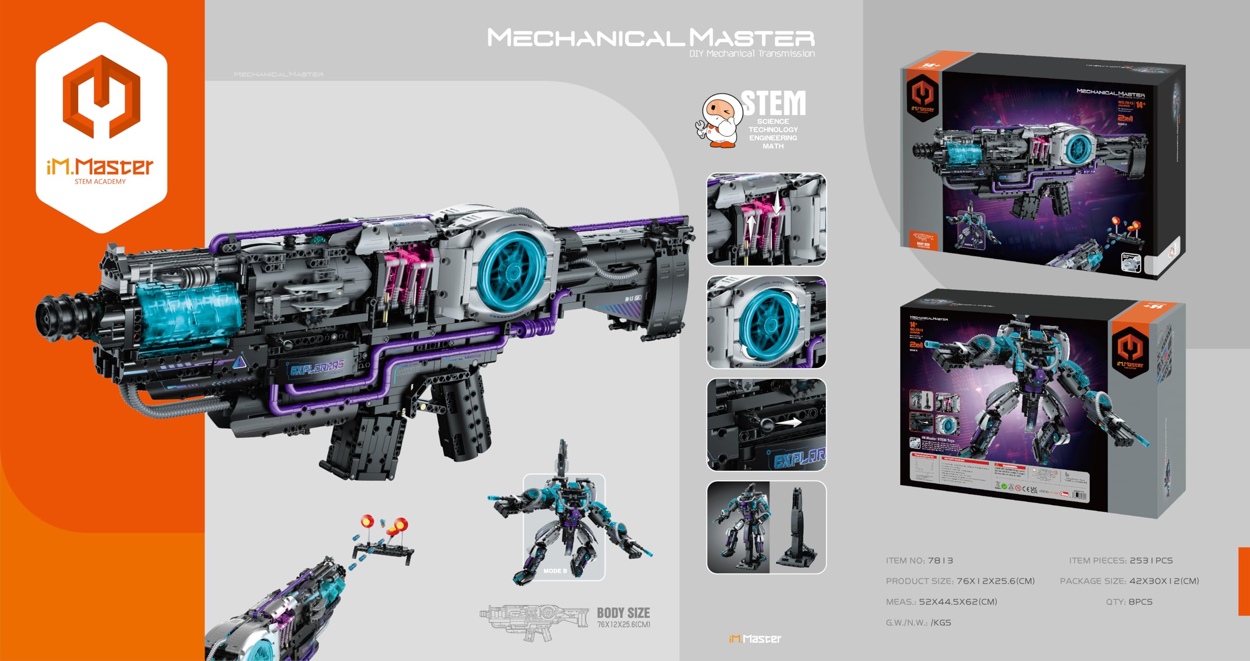 iM.Master - Pistola de Juguete Futurista Sci-Fi 2 en 1 - Rifle con Efectos de Luz y Robot Transformable - Disparo y Recarga Eléctrica - 2531 Piezas - Juegos Educativos Stem - Maqueta para Construir
