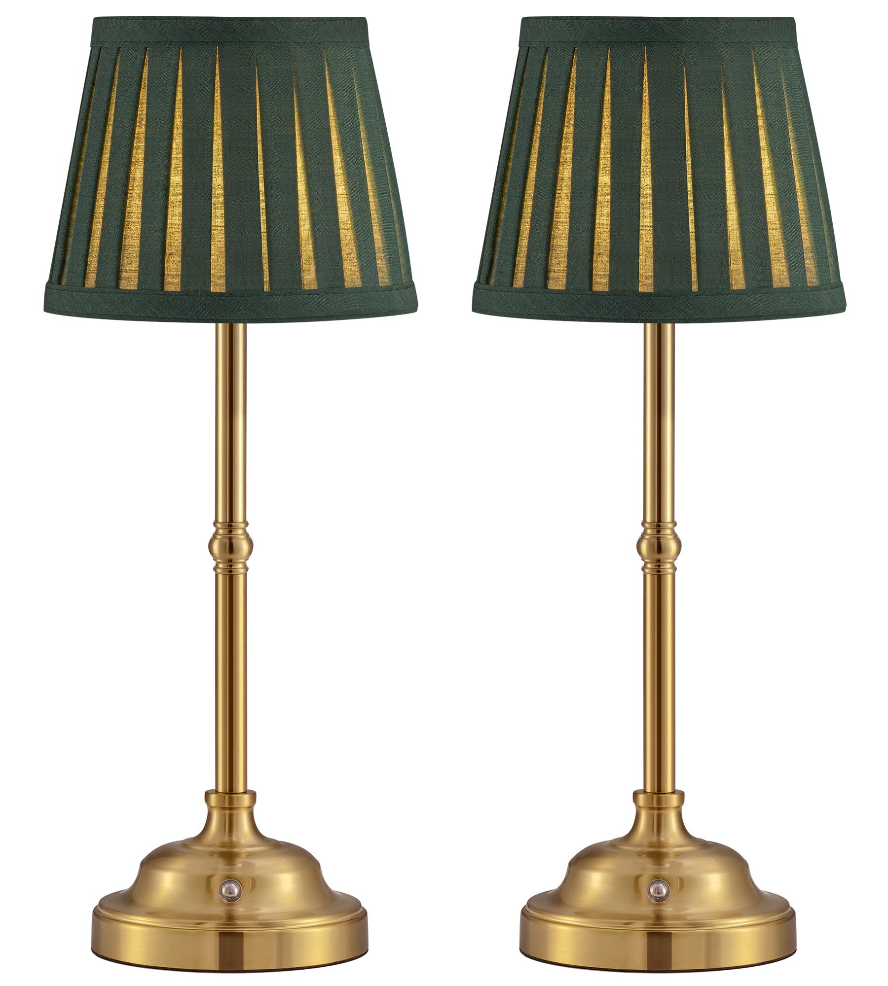 VISDANFO LED Tischlampe Kabellos 2er Set, Dimmbare Vintage Nachttischlampe, Retro Tischlampe Akku, 4000mAh Batteriebetrieben, Geeignet Für Innen, Outdoor, Bar, Wohnzimmer (Gold + Grün Lampenschirm)
