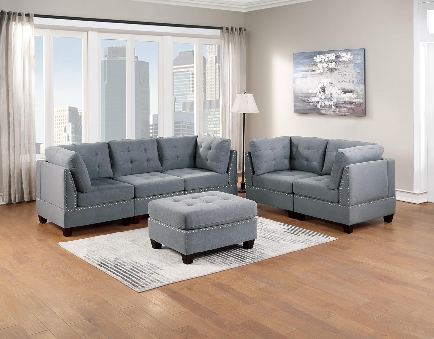 Modular Sofa Set 6pc Set Living Room Furniture Sofa Loveseat Tufted Couch Nail Heads Gray Linen Like Fabric 4X Corner Wedge 1x Armless Chair and 1x Ottoman