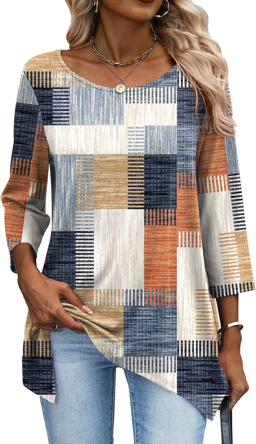 AKEWEI 3/4 Length Sleeve Womens Tunic Tops Loose Fit Blouses Dressy Casual Crew Neck Tees S-3XL - Image 2