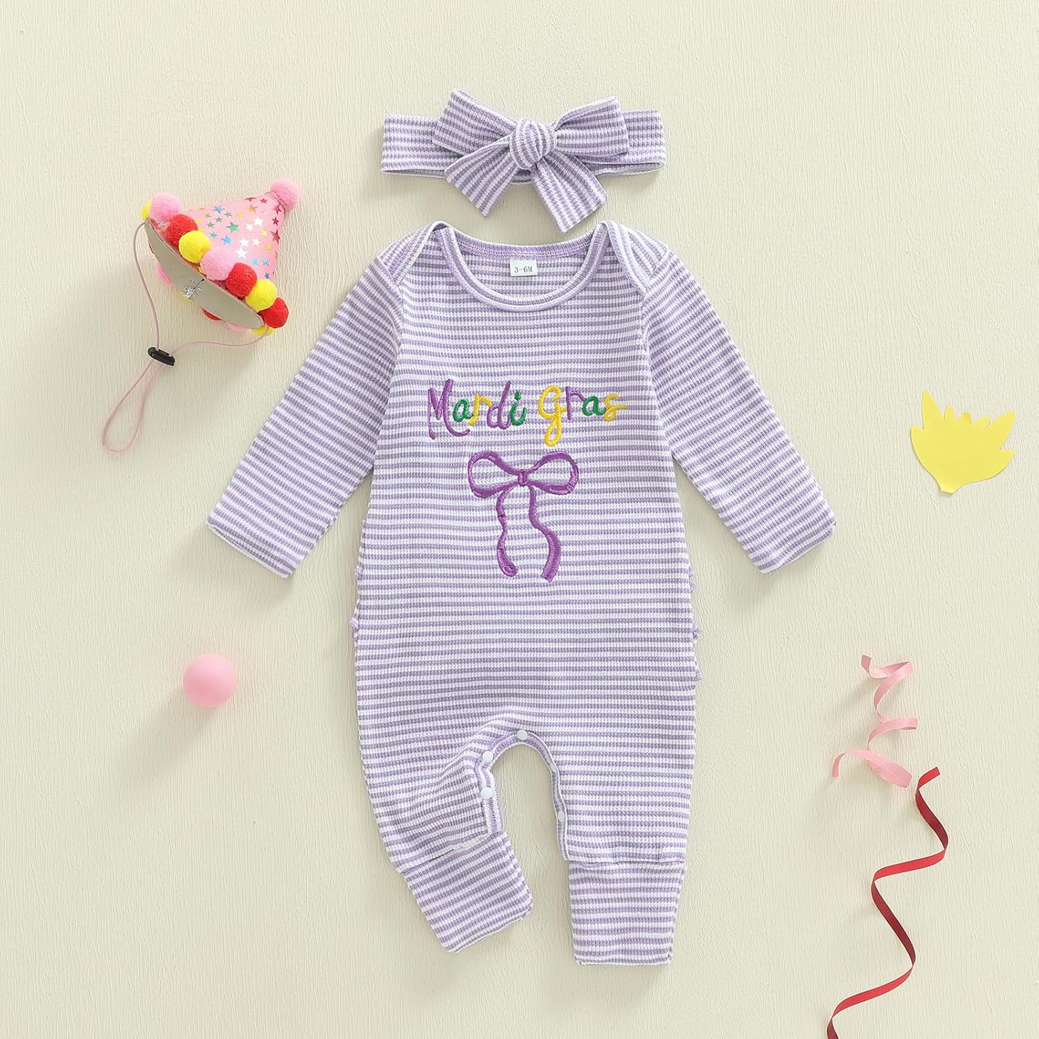 Newborn Girl Mardi Gras Outfit Letter Bow Long Sleeve Romper Jumpsuit One Piece Clothes Headband - Image 2