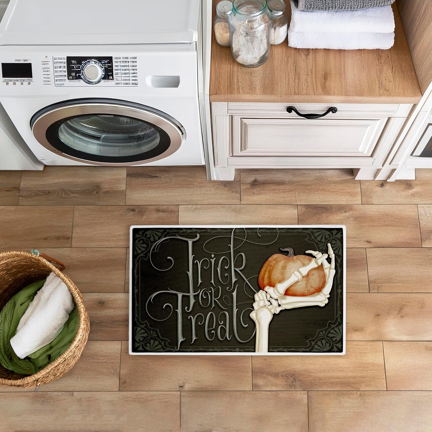 Trick Or Treat Skeleton Hand Plush Bathroom Mat & Bath Rug, Soft Quick-Dry Non-Slip Bathroom Rug with Recycled Foam Cushion, Halloween Skeleton Typography Design by Nicole Tamarin, 18"x30"