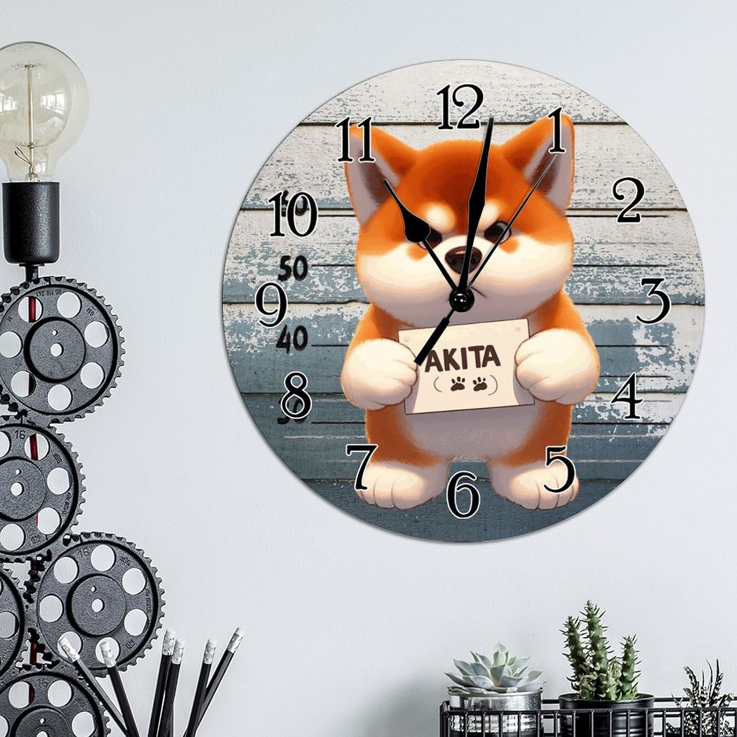 Akita Dog Police Lineup Wall Clock Akita Funny Prisoner Dog Wall Clocks Battery Operated Silent Hanging Wall Clocks Dog Owner Gift Wooden Clock for Kitchen Bedroom Office 12x12in