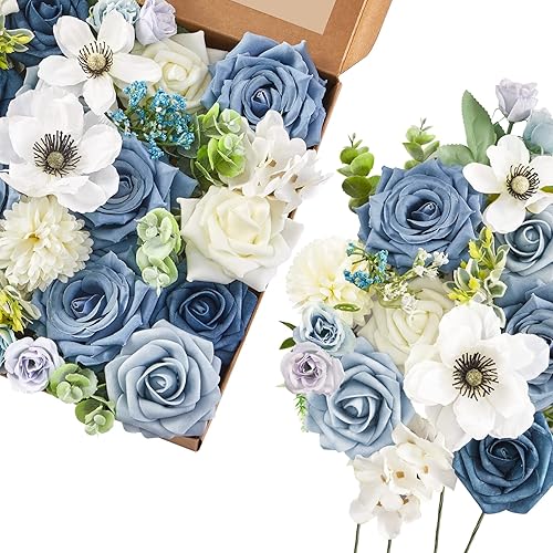 Serwalin Artificial Flowers, Dusty Blue Silk Fake Flowers Cake Flower