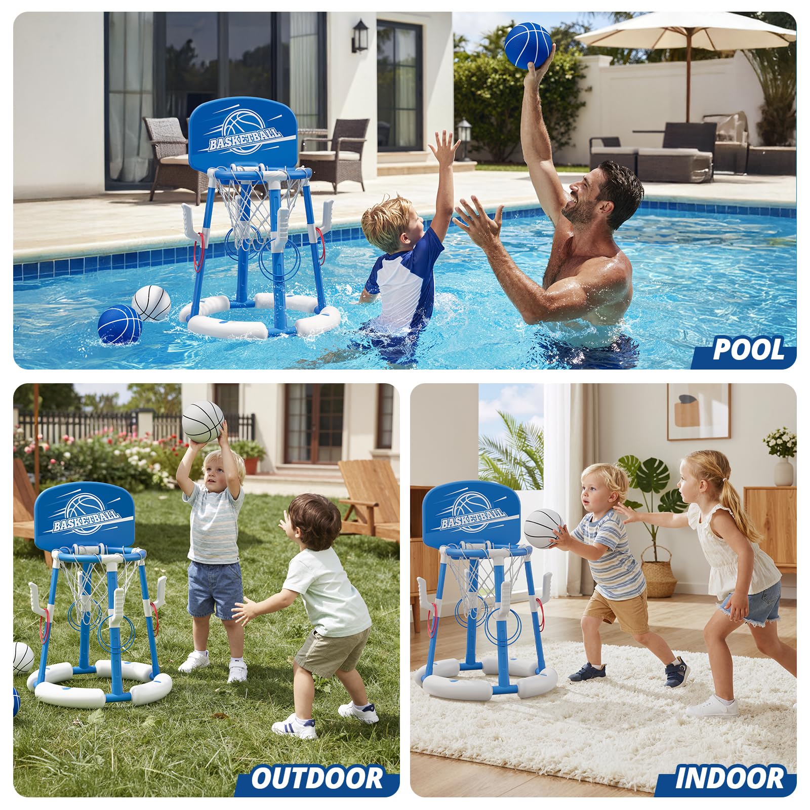 HYES Panier de Basket Flottant pour Piscine, Pool Basketball Hoop, Jouets de Piscine avec 4 Boules 8 Anneaux, Jeu de Basket d'eau en Plein air Intérieur pour Garçons Filles Enfants Adulte, Bleu