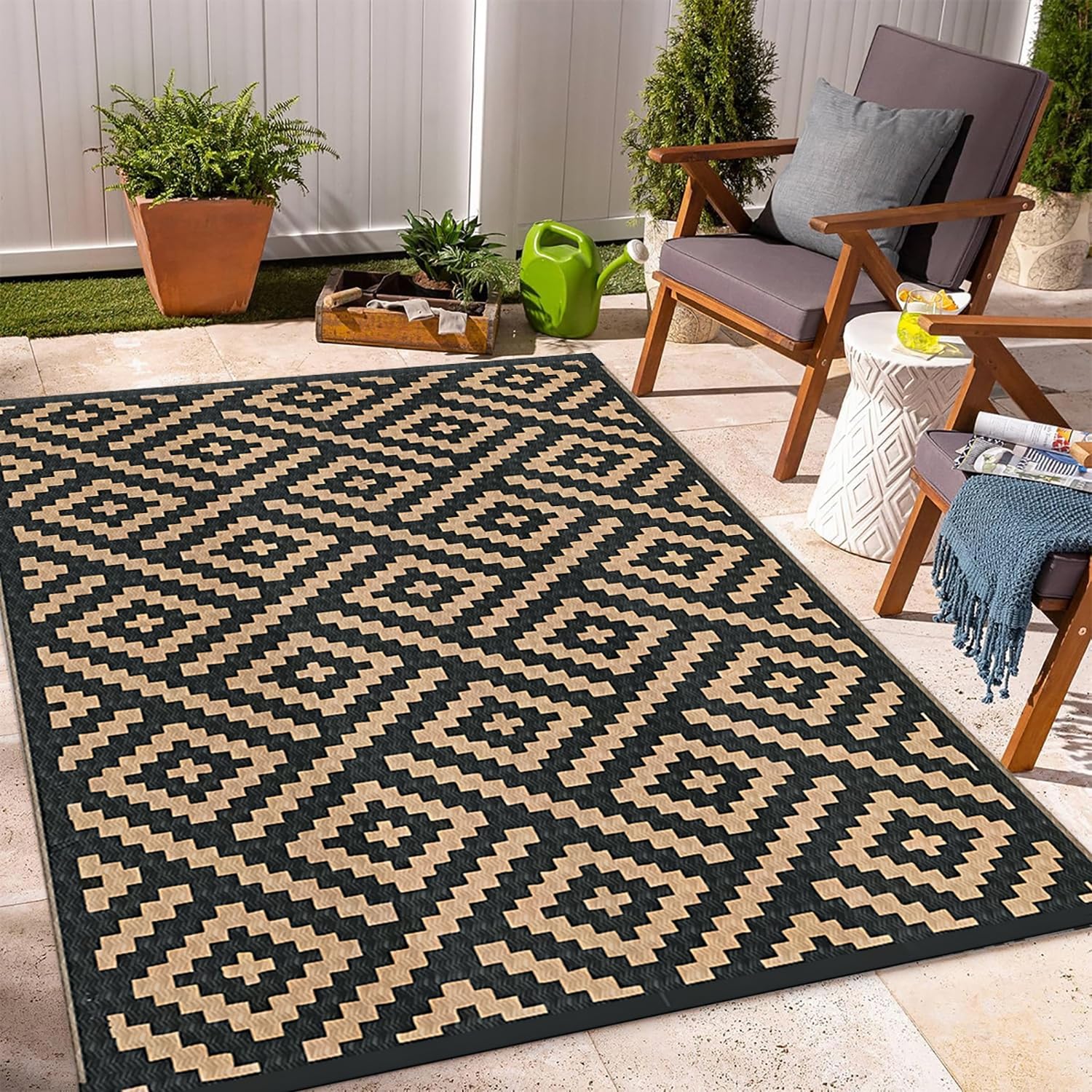 Dwustronna Mata na Zewnątrz 150x240 BrąZowo-Czarny Dywanik na Taras, Składane Dywaniki Kempingowe, Odwrócony Wodoodporny Dywanik z Plastikowej Słomy na Patio, Ogród, Balkon, Podwórz
