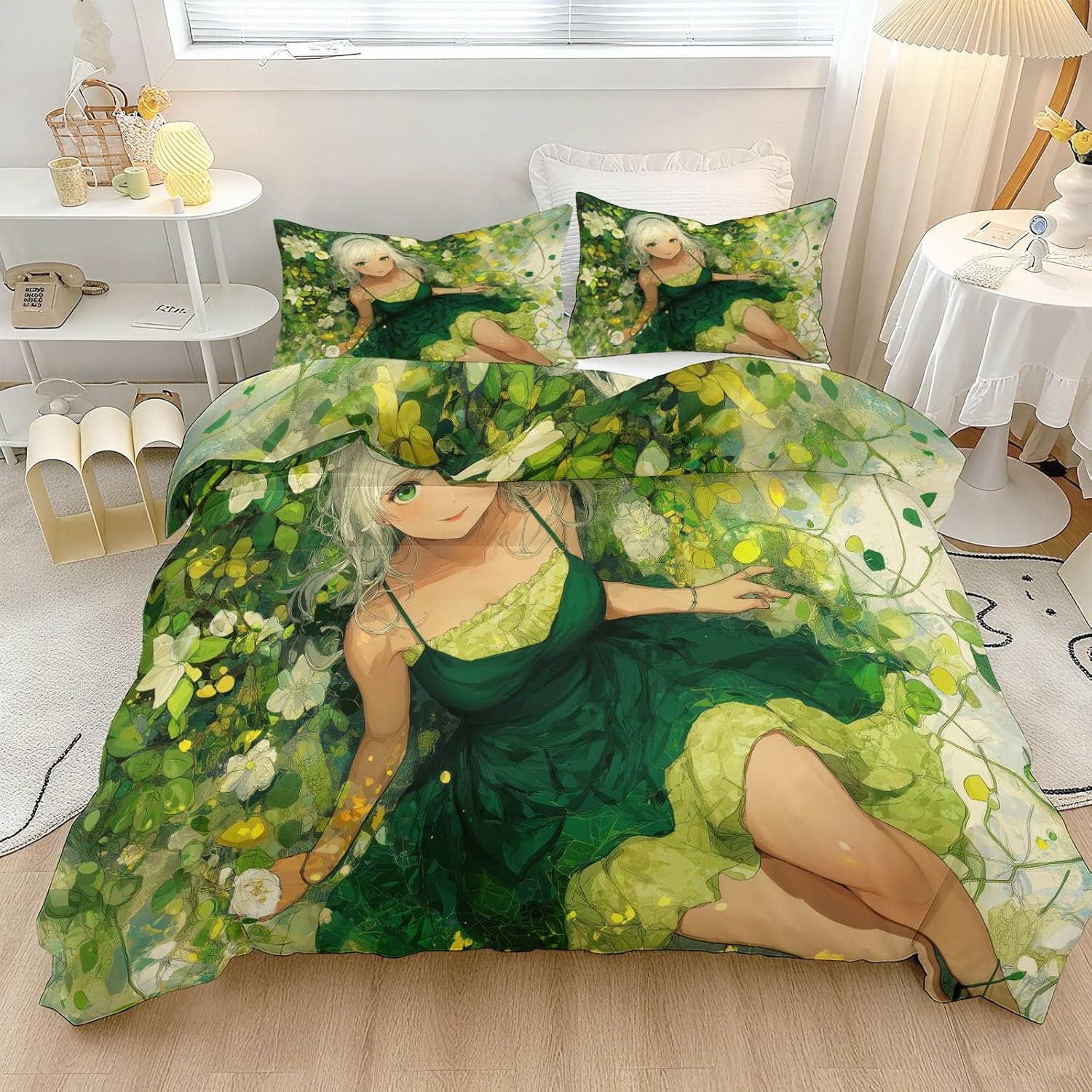 Duvet Cover for Kids Anime Girl Leaves Flowers Quilt Cover Sets Reversible Soft Bedspread Cover Room Decor, Sage Green Bedding Set 3Pcs Zipper Closure Boys Girls Teens (Twin Size 68"x90")
