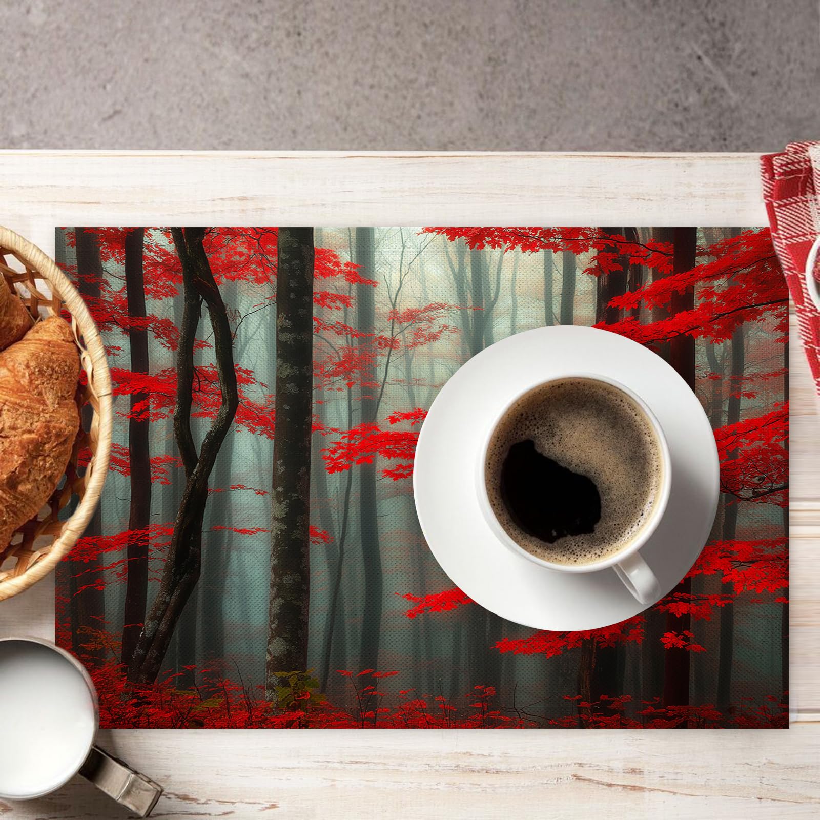 Set di 8 Tovagliette Americane Lavabili Cotone Lino Paesaggio - Tovaglietta Americana Resistenti al Calore Durevole Foglie rosse della foresta - per Colazione Pranzo 30×45 cm