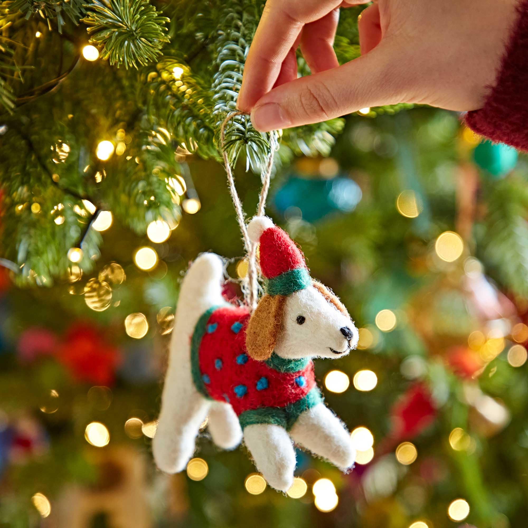 Felt Dog in Jumper Christmas Decoration - Felted Ornament - Wool Christmas Bauble - Felt Handmade Xmas Décor - Classic Tree Ornament (Red)