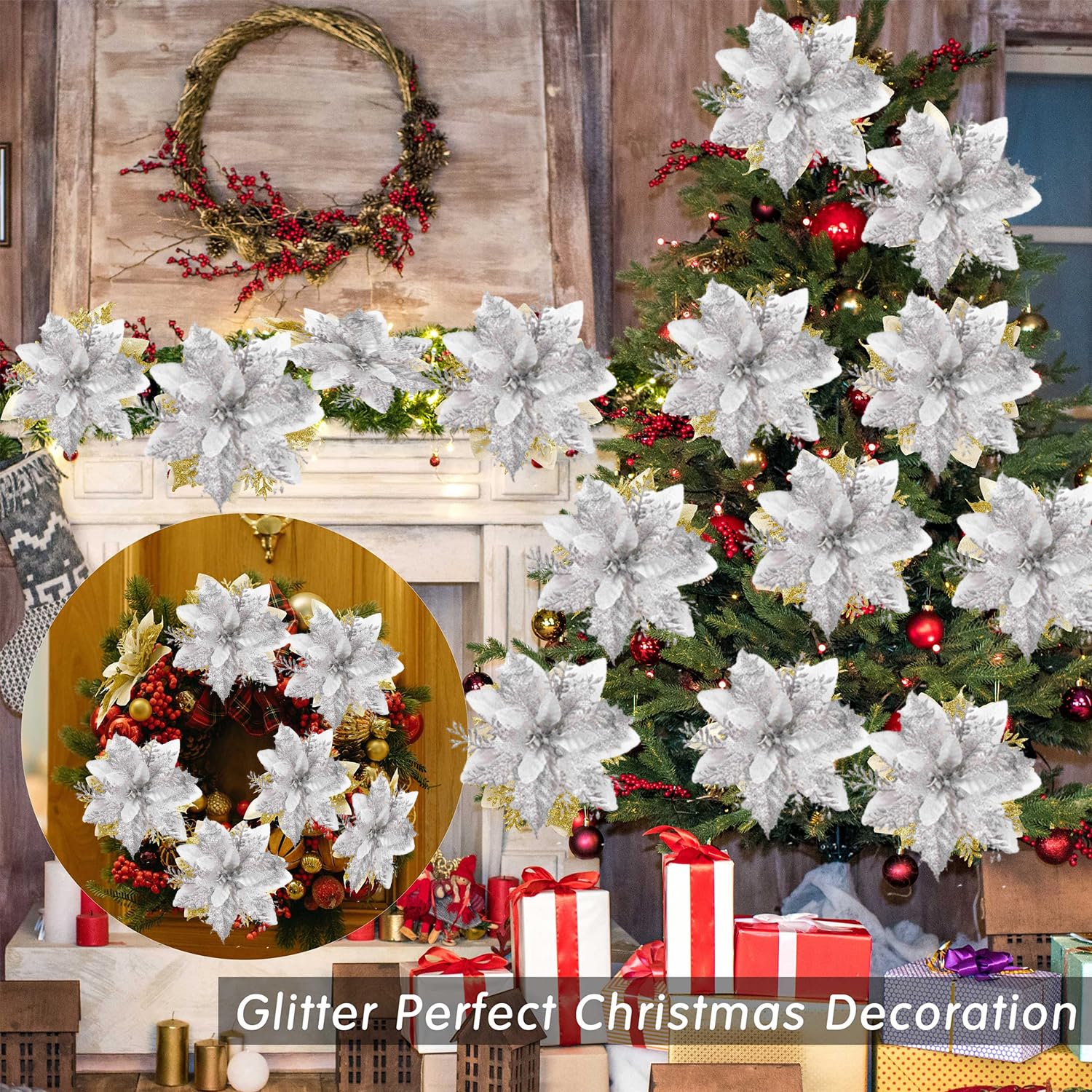 WUBAYI 12Pcs Glitter Artificial Poinsettia Flowers with 12 Stems & Clips - Image 3