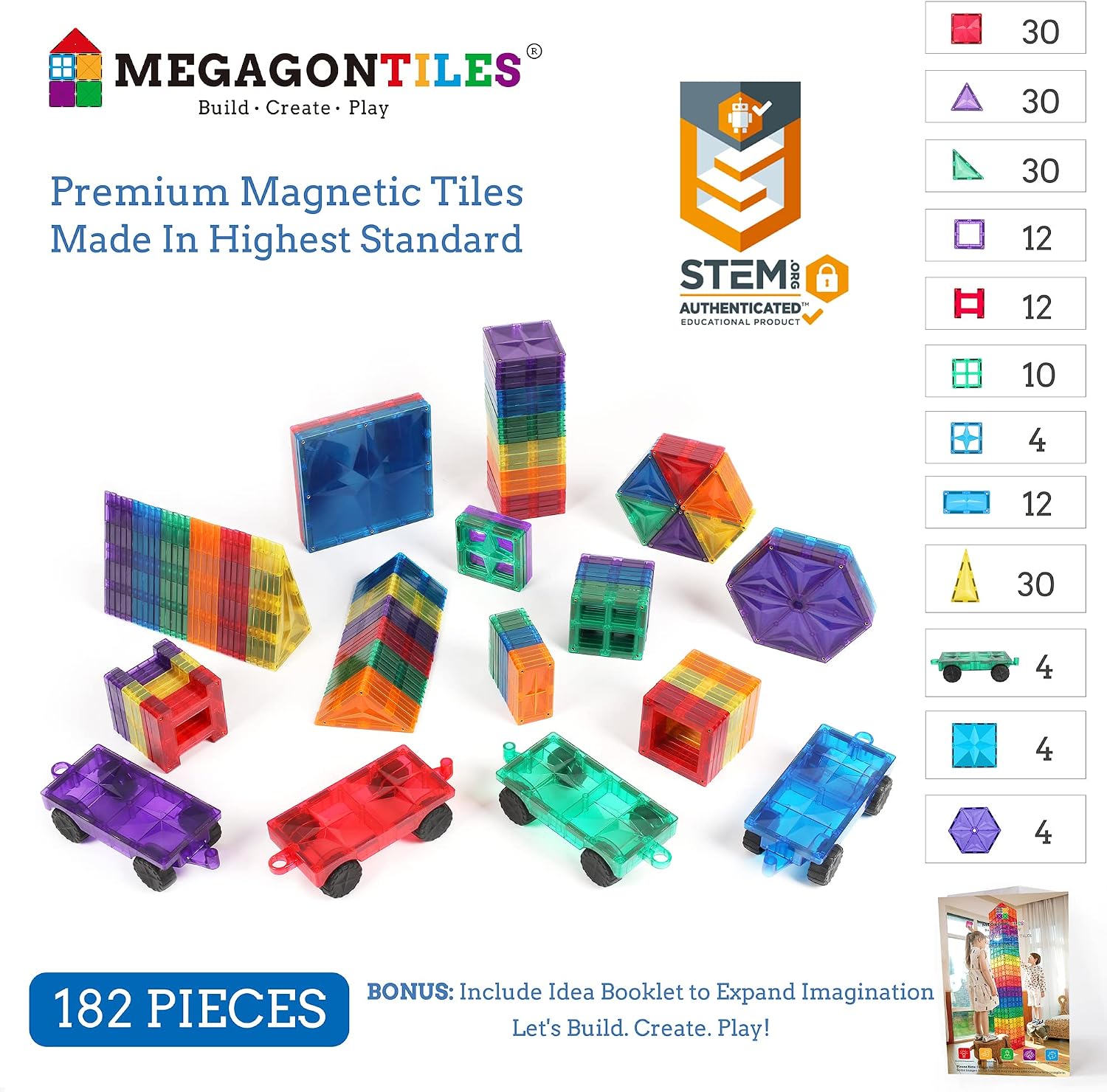 MEGAGONTILES 182PCS Premium Magnetic Tiles Set | STEM-Authenticated Magnetic Building Blocks | Educational Construction Toy for Kids Ages 3–8 (Boys & Girls)