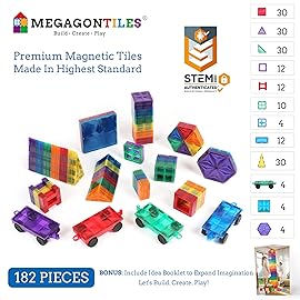MEGAGONTILES 182PCS Premium Magnetic Tiles Set | STEM-Authenticated Magnetic Building Blocks | Educational Construction Toy for Kids Ages 3-8 (Boys & Girls)