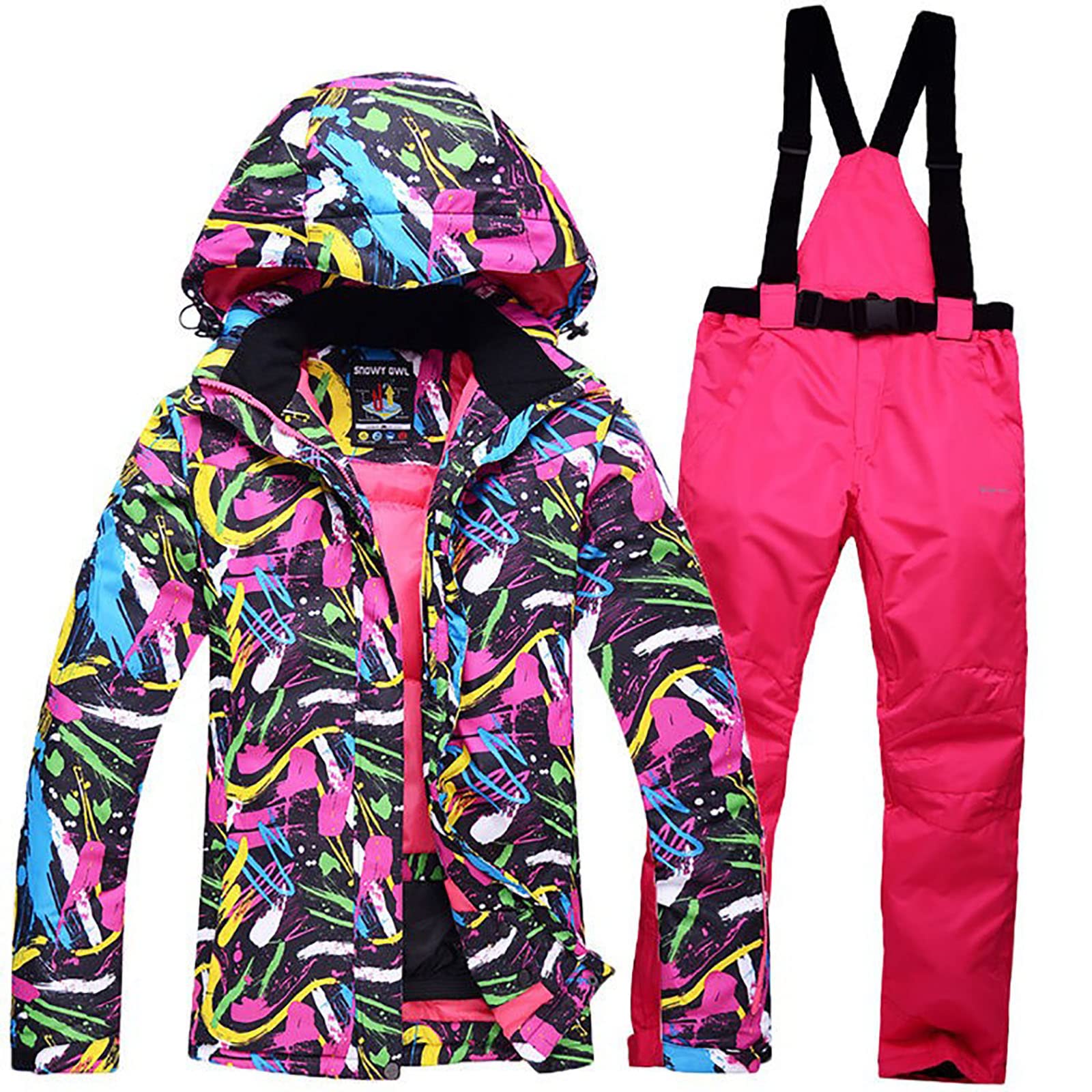 Kombinezon narciarski damski Kombinezon narciarski damski wodoodporny, wiatroszczelny kombinezon narciarski + spodnie śnieżne z procą Kombinezon z kapturem zagęścić,Pink pants,XL