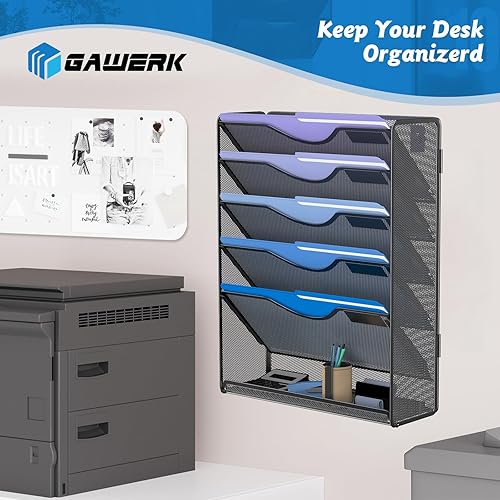 Miniatura 7 de Organizador de archivos colgante de 6 niveles, soporte de malla para archivos de pared, estante para carpetas de papel con bandeja plana inferior
