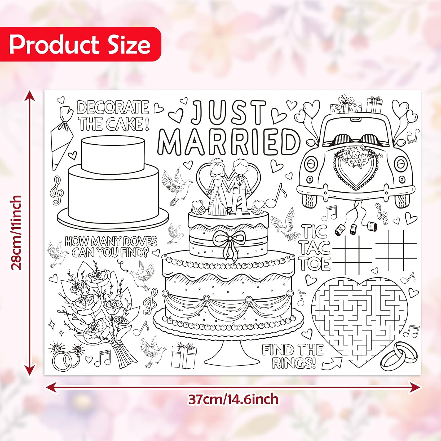 Whaline 30Pcs Wedding Coloring Paper Place Mats Cake Bouquet Disposable Coloring Placemats Wedding Activity for Party Table Setting Decor Entertainment, 14.6 x 11 in image 2