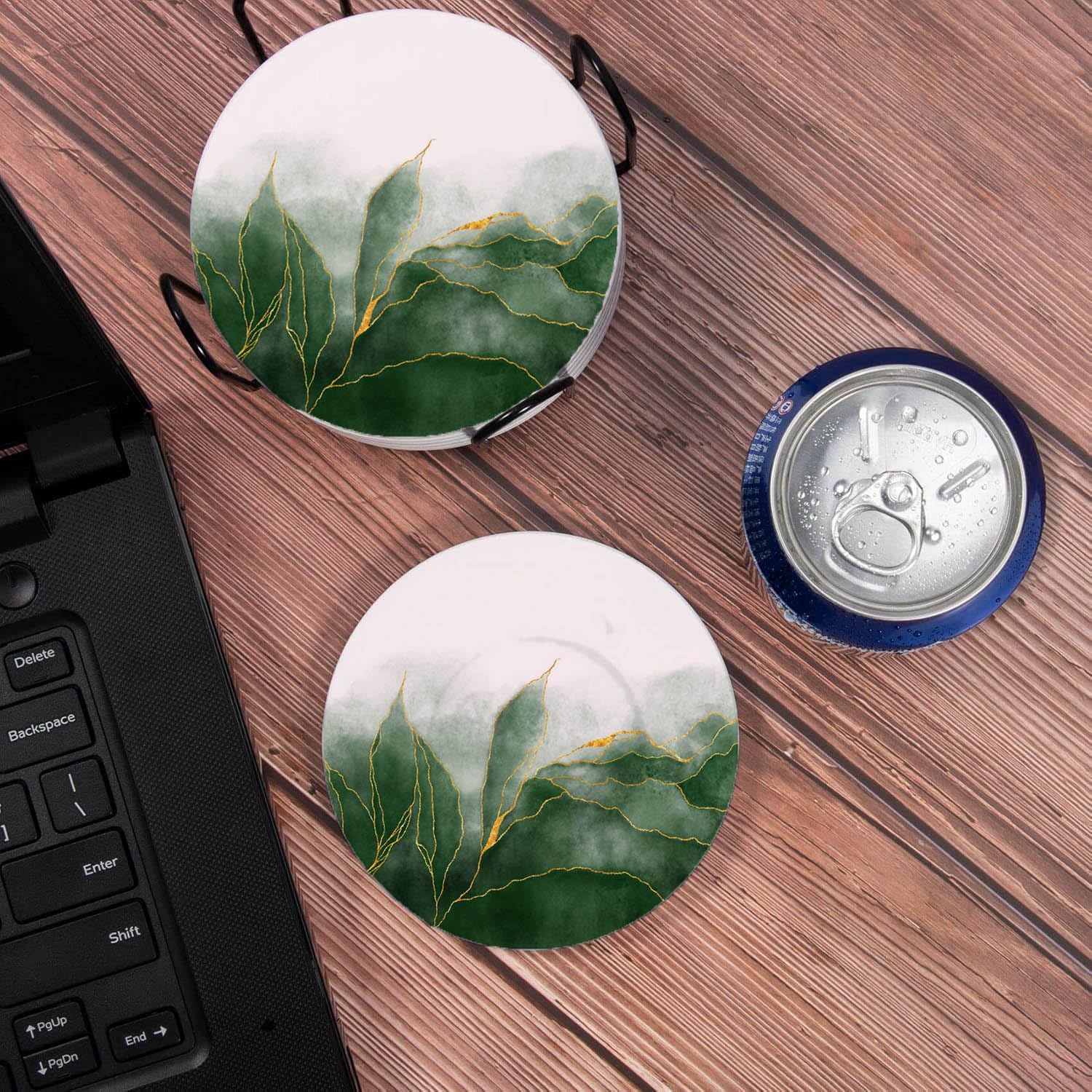 LOKMU Coasters for Drinks,Round Absorbent Ceramic Stone Coaster Sets of 6 with Metal Holder Stand,Green Paint and Golden Shiny Veins Coasters with Cork Base for Coffee Wooden Table,Housewarming Gifts - Image 4