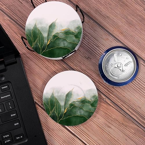 Miniatura 4 de LOKMU Posavasos para bebidas, juego de 6 posavasos redondos de cerámica absorbente con soporte de metal, pintura verde y venas doradas brillantes