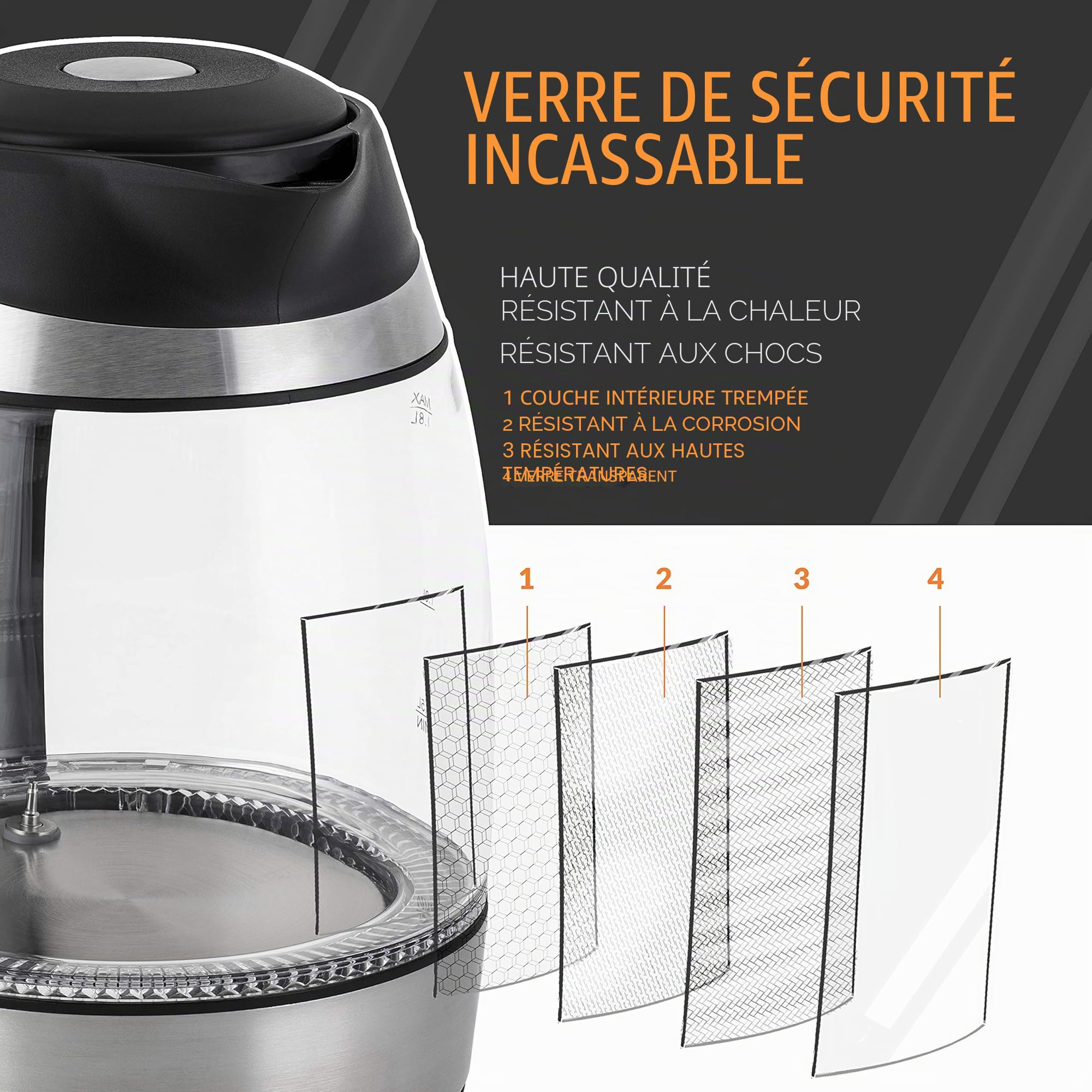 TRESKO Bouilloire électrique en cristal 1.8 L avec infuseur à thé et filtre à eau | Illumination LED | 2200W | Température réglable | Fonction de Maintien au Chaud