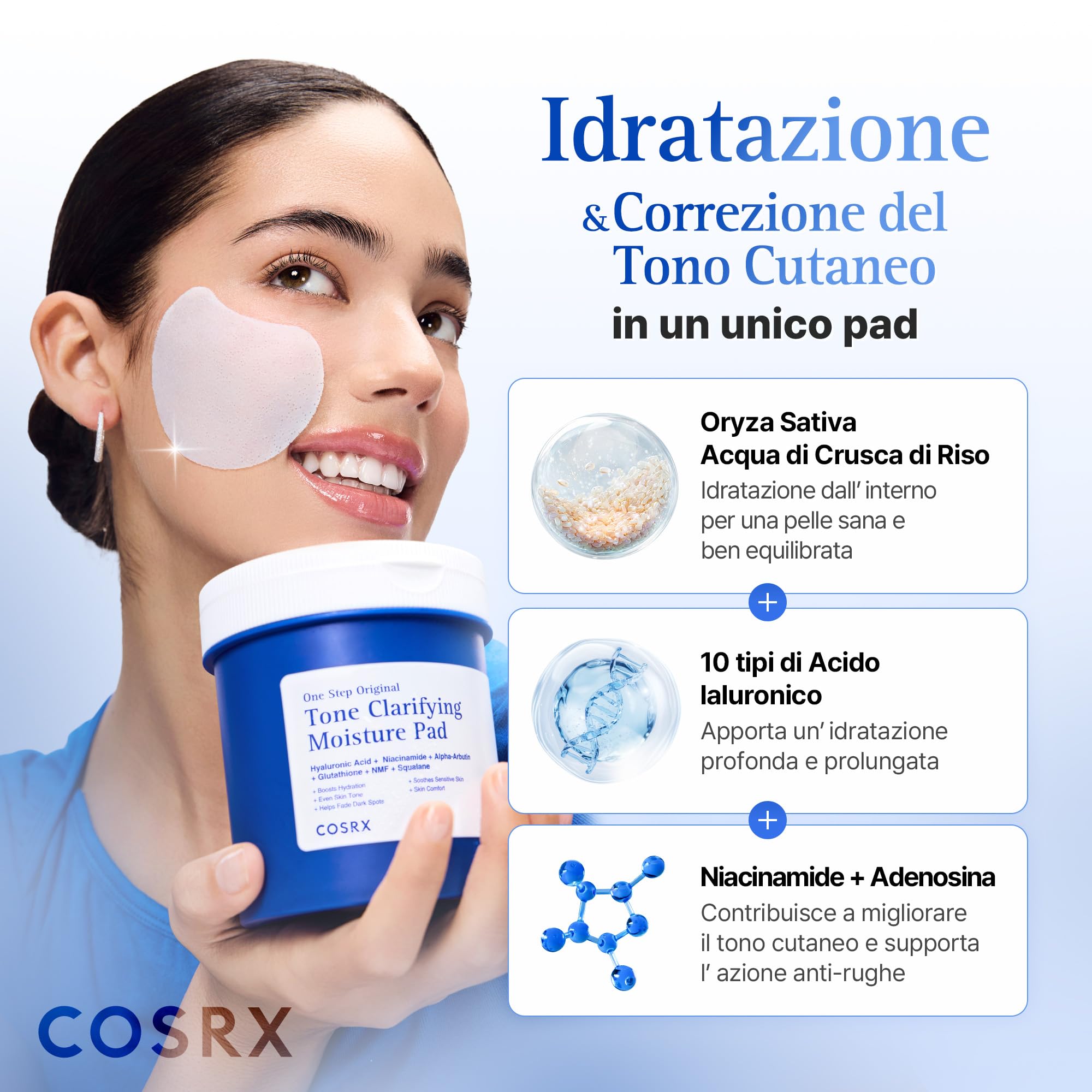 COSRX OneStep Original Tone Clarifying Moisture Pad, 100 Pads, Daily Toning Pad for Skin Texture & Idration & Evening Skin Tone with Arbutin, Glutathione & 12 Acidi ialuronici, Korean Skin Care