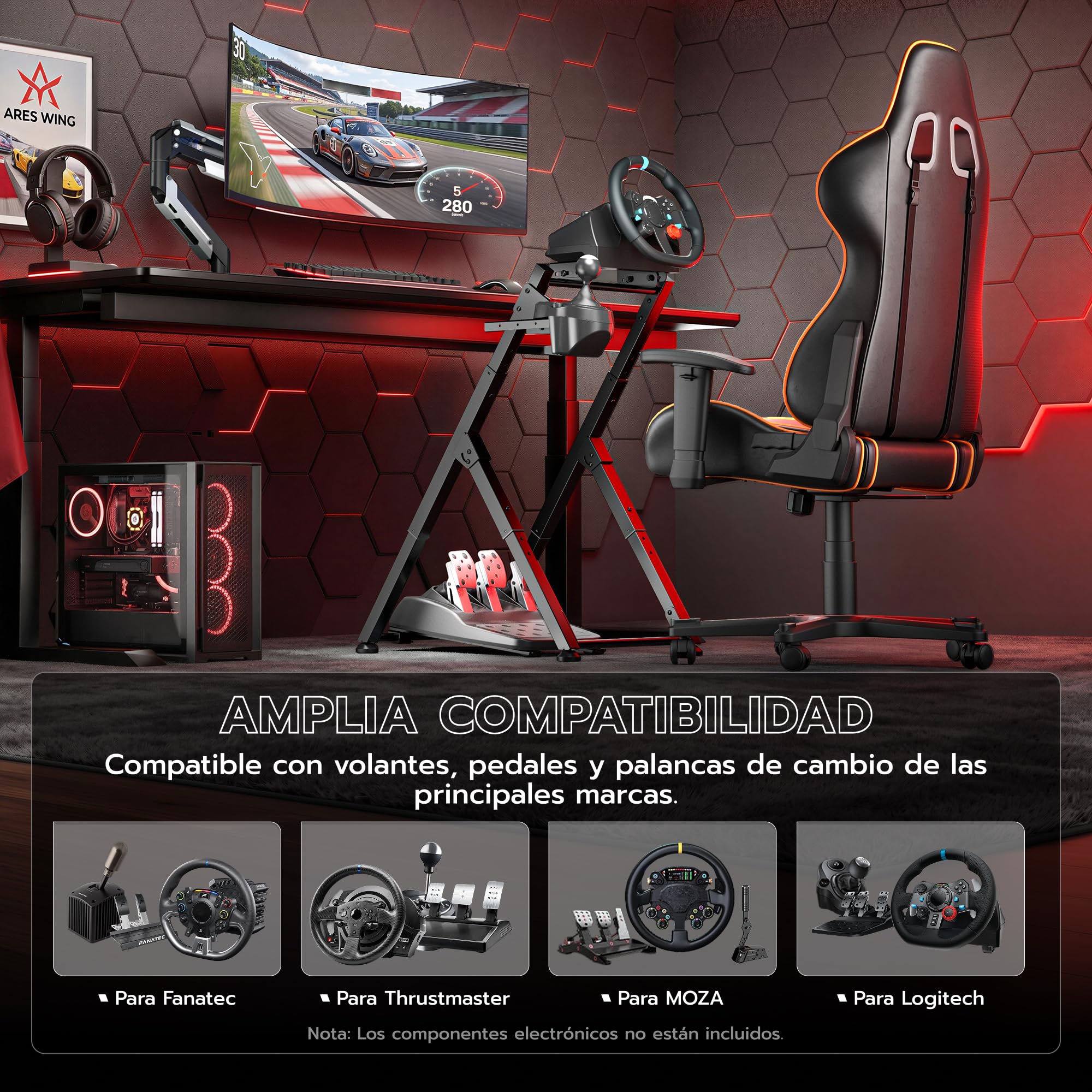 ARES WING Soporte plegable para volante de Sim Racing | COMPATIBILIDAD AMPLIA: Compatible con Logitech G29, G920, G923, Fanatec, Thrustmaster, Moza y Simagic