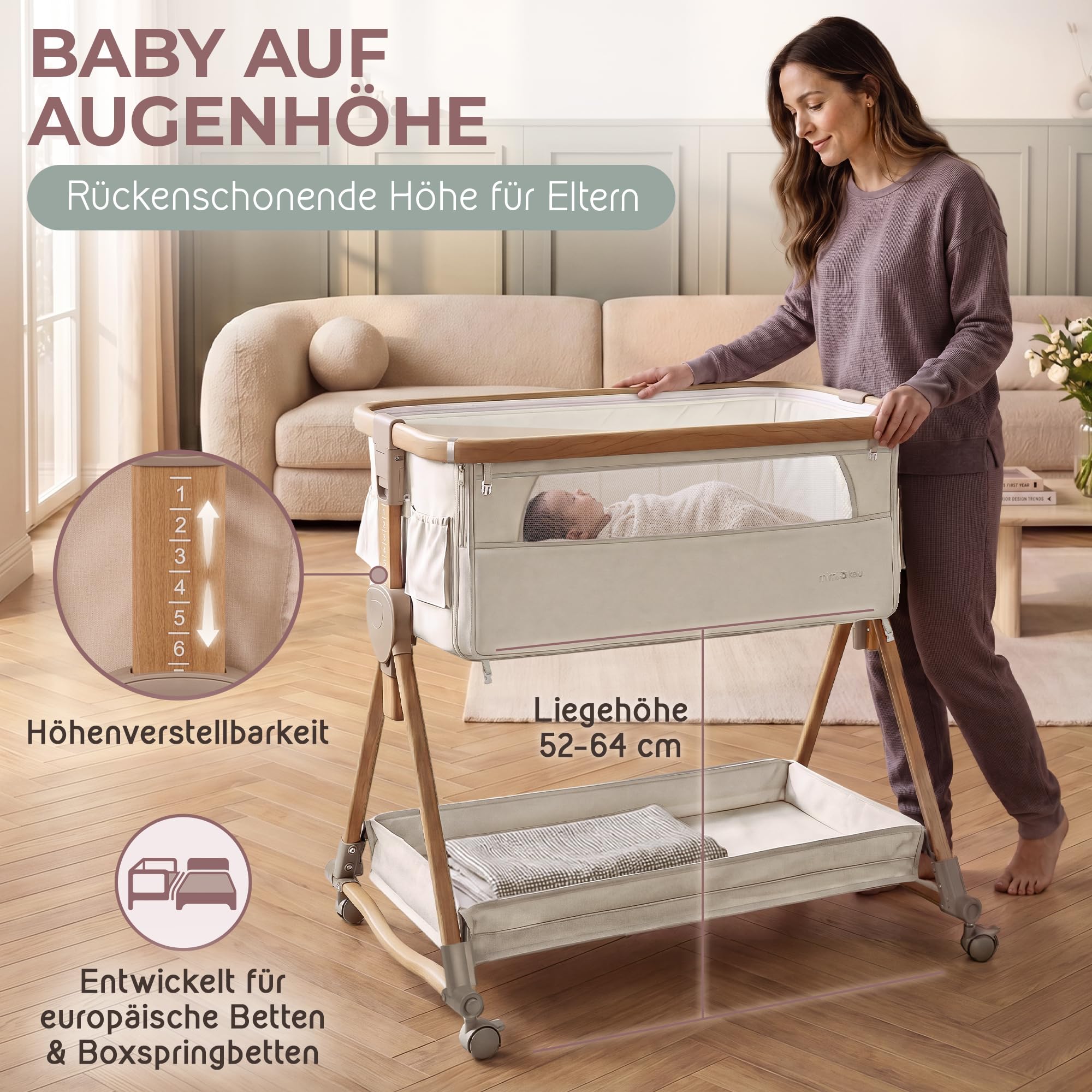mimi kalu® Beistellbett Baby mit Rollen für Boxspringbett & europäische Standardbetten – 4-in-1 Baby Bett, Stubenwagen, Reisebett & Babywiege – höhenverstellbar
