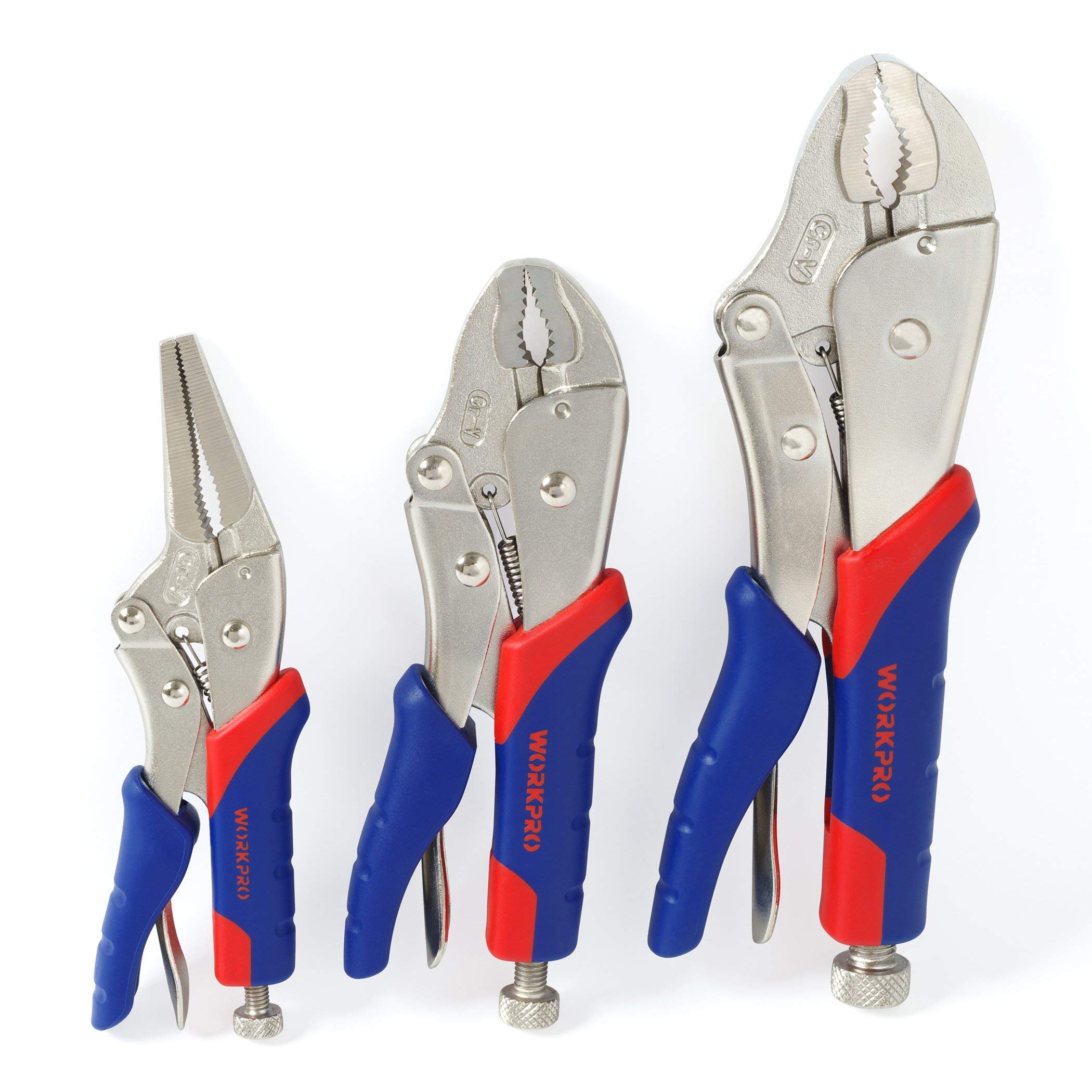 WORKPRO 3-Piece Locking Pliers Set, Chrome-vanadium Steel, 10-inch and 7-inch Curved Jaw, 6-1/2-inch Straight Jaw, for Home & Workshop Use, W001310A