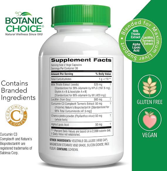Botanic Choice Liver 10 Complex - Premium Liver Health Support and Wellness Supplement - Natural Herbal Blend with Milk Thistle Extract, Lecithin, and Curcumin C3-60 Pills