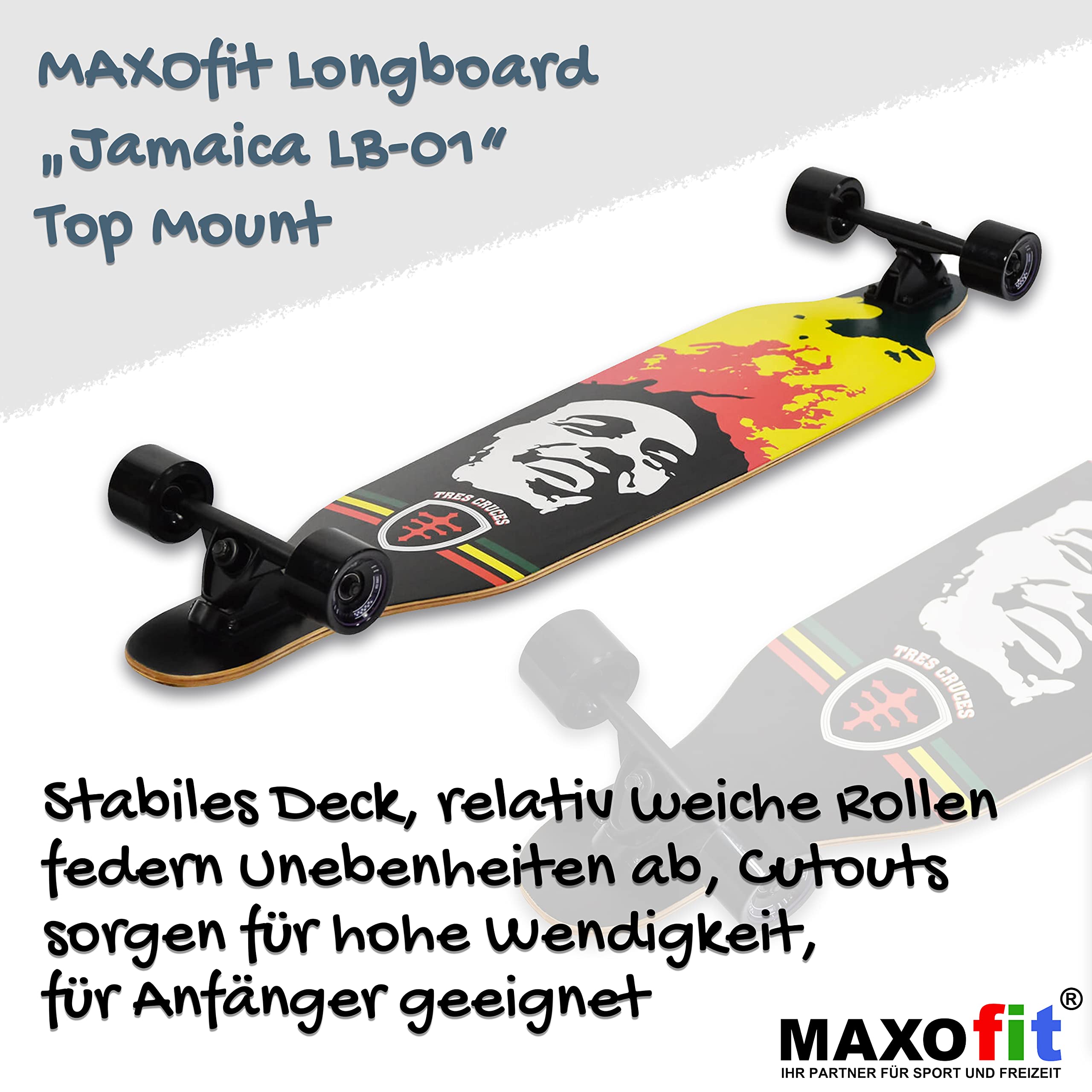 Longboard MAXOfit en diferentes diseños con tablas de madera de arce/bambú de alta calidad para principiantes y avanzados.