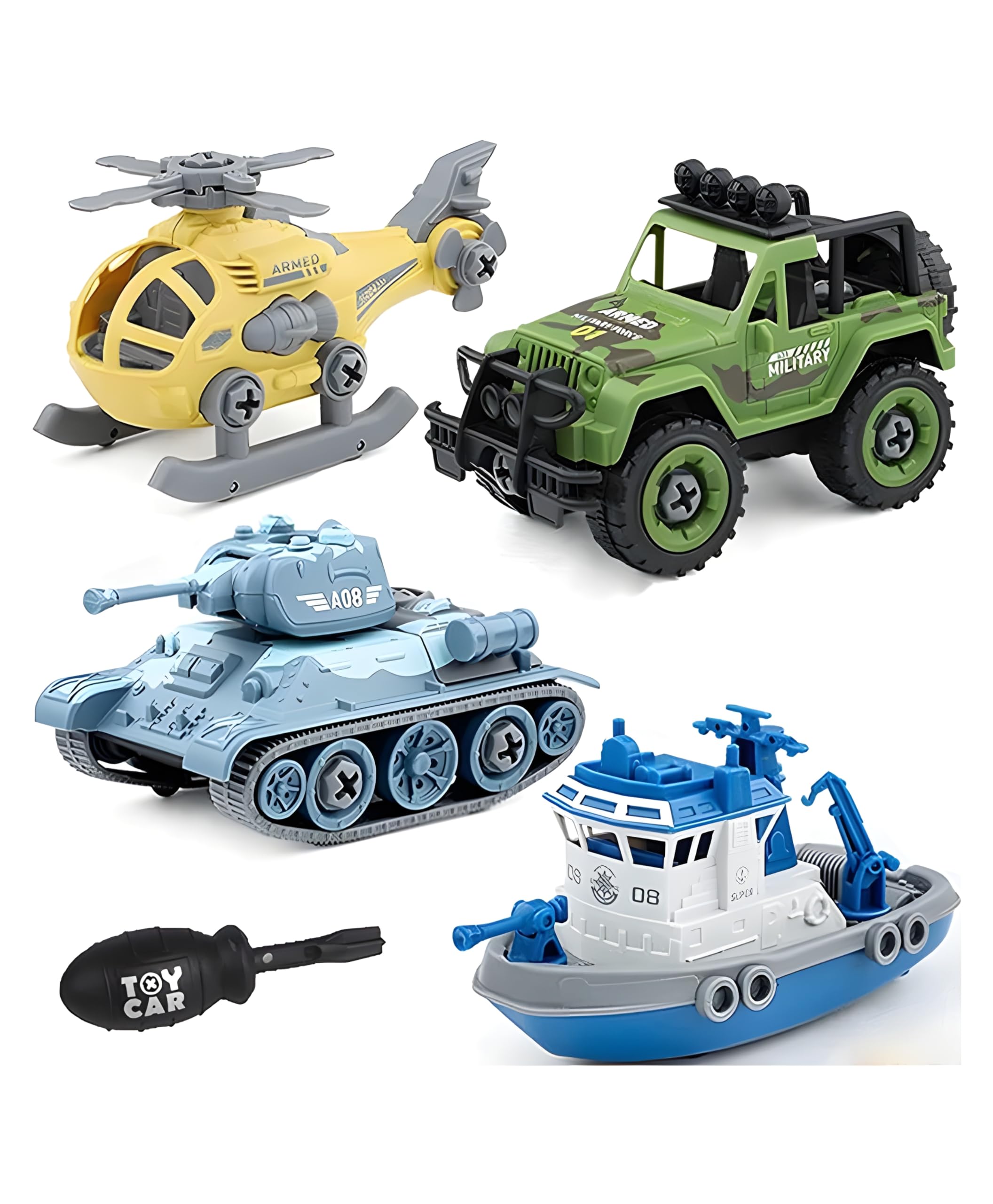 Bigfun Military Army Foldable Vehicles Toy Set of 4 | Screwdriver for DIY Fun Includes Helicopter, Jeep, Tank, and Boat | Perfect STEM Toys for Boys 2-9 Years | Building Blocks Playset (B0DDXJQ6VX) Amazon Price History, Amazon Price Tracker
