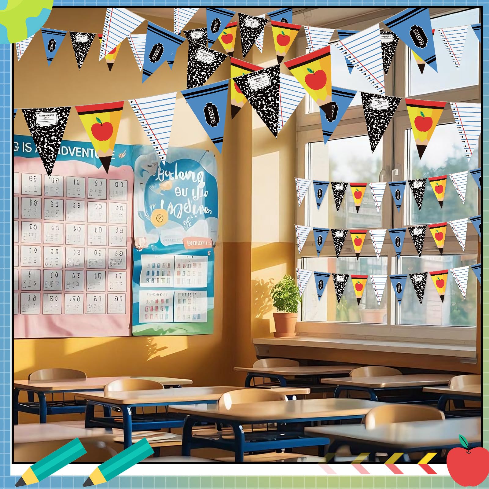 Hahafelt 5 pancartas decorativas para el primer día de clases, decoración de aula, lápiz, regla de crayón, cuaderno, guirnalda para fiesta de graduación