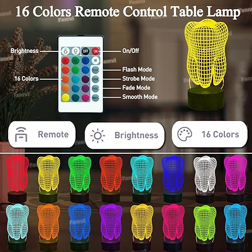 Miniatura 2 de Fanrui Fantástica lámpara de mesa con forma de diente óptico de ilusión 3D, cambio de 16 colores con control remoto, luz nocturna regulable para