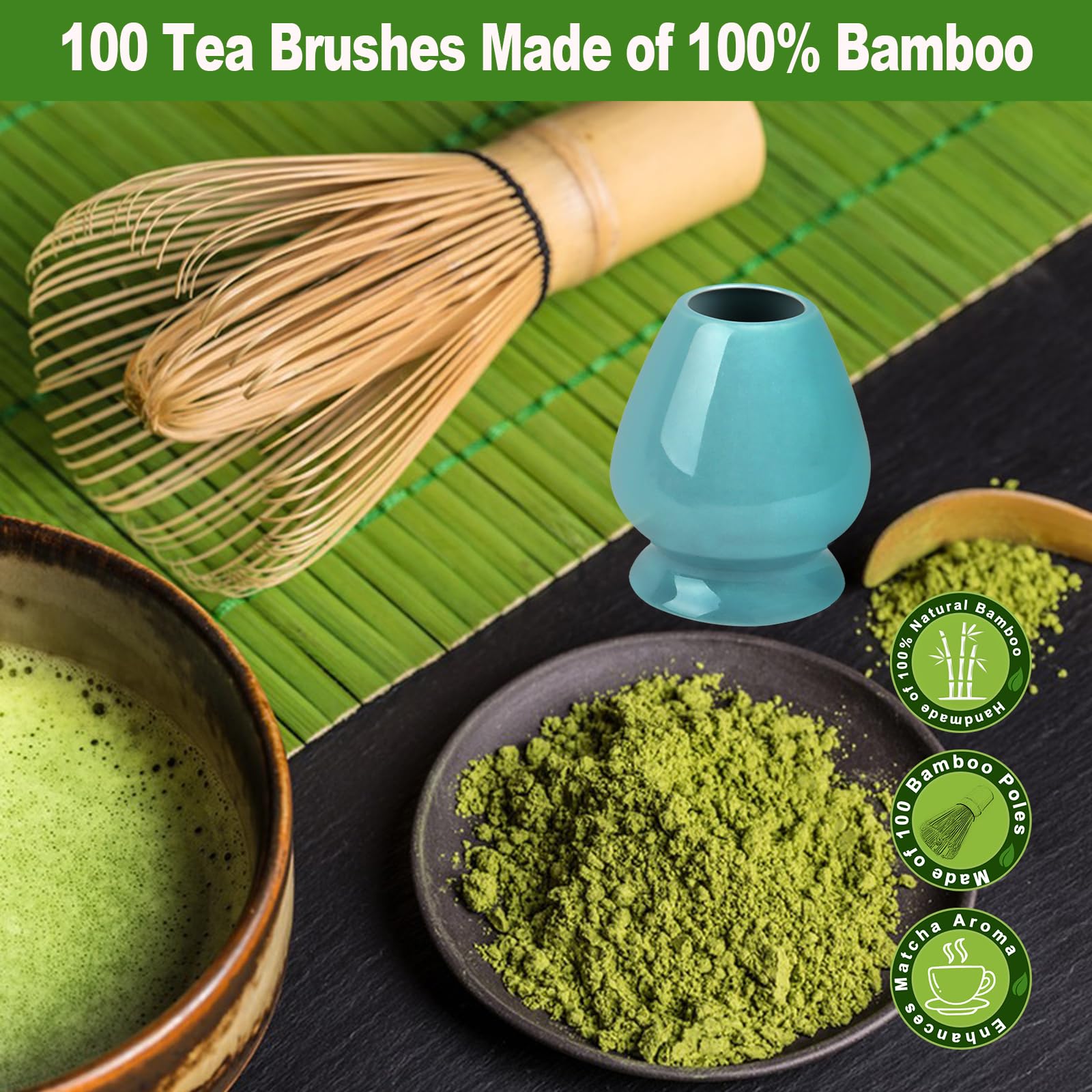 MA-01 Accesorio de Ceremonia de Matcha Japonés, Batidor, Chasen, Batidor Chasen de Bambú Tradicional de 100 Varillas té Matcha, para té Verde y Bebidas en Polvo, Juego de 3 Piezas