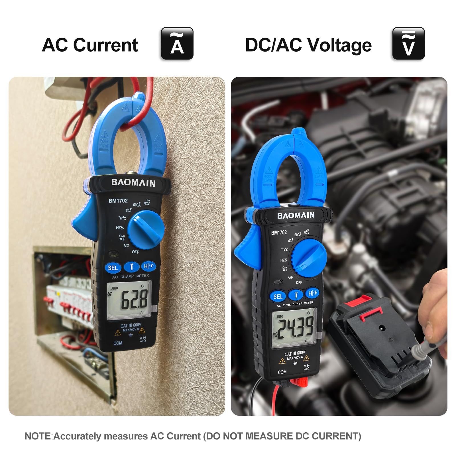BAOMAIN BM1702 Digital Clamp Meter, T-RMS 6000 Counts AC Current Multimeter, 60A/600A AC Ammeter with AC/DC Voltage - Image 3