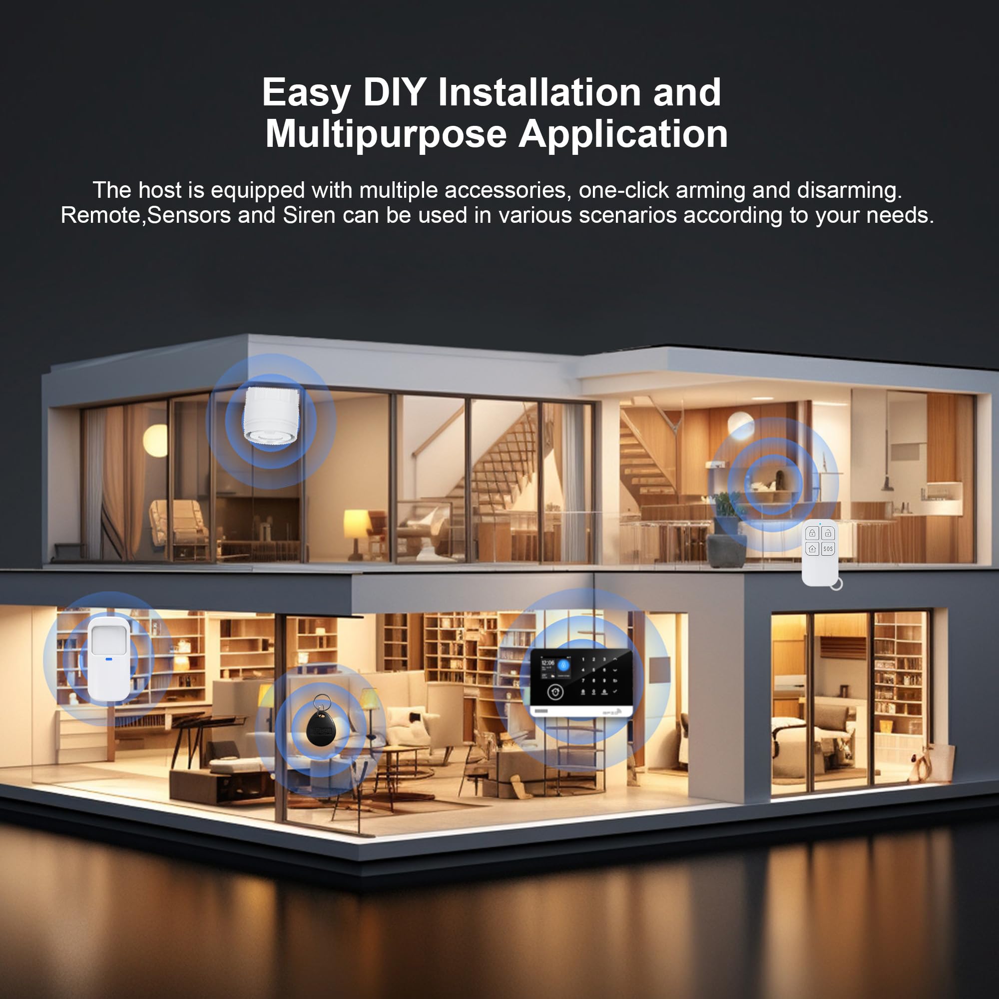 22-teiliges Smart-Alarmsystem, kabellos, WiFi/GSM, mit App, Bewegungsmelder, Tür- und Fenstermelder, Fernbedienungen, Sirene, kompatibel mit Alexa