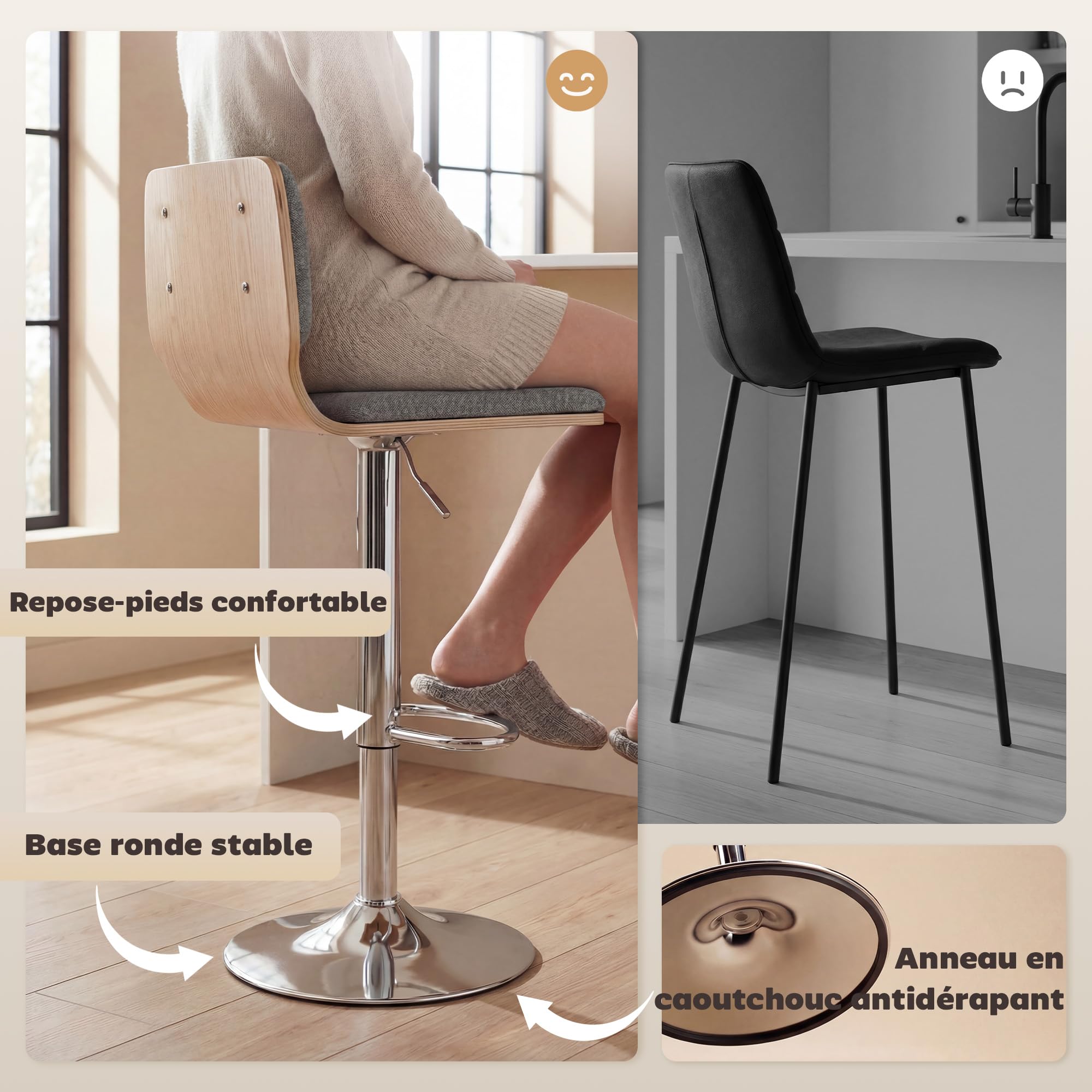 HOMCOM Lot de 2 Tabourets de Bar Hauteur Réglable 41x47,5x81-102cm Gris