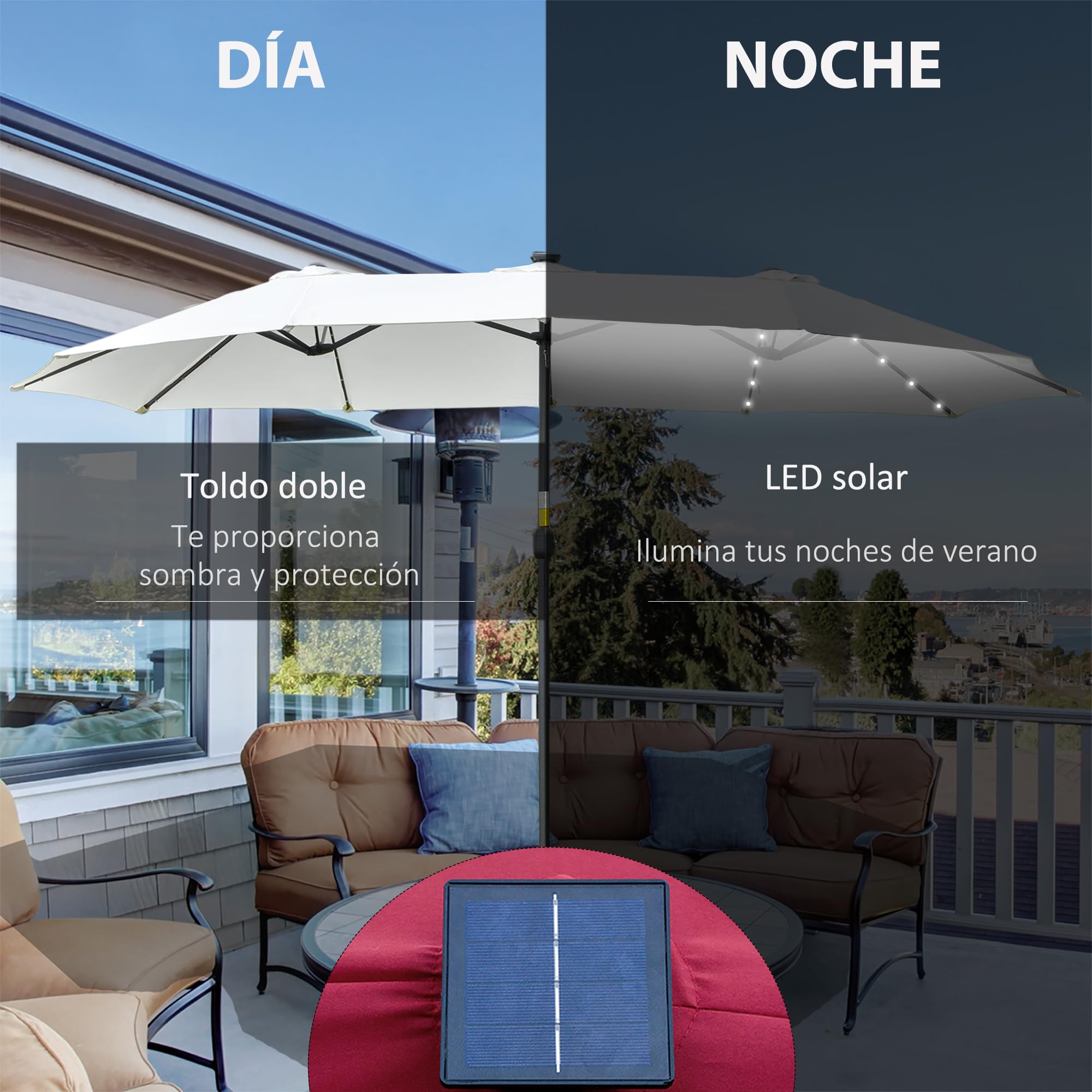 Outsunny Sombrilla Doble 4,5x2,7 m con 48 Luces LED Manivela | Sombrilla Terraza Exterior, Resistente al Agua y Protección Solar, Parasol para Jardín, Terraza, Patio y Piscina, Grandes