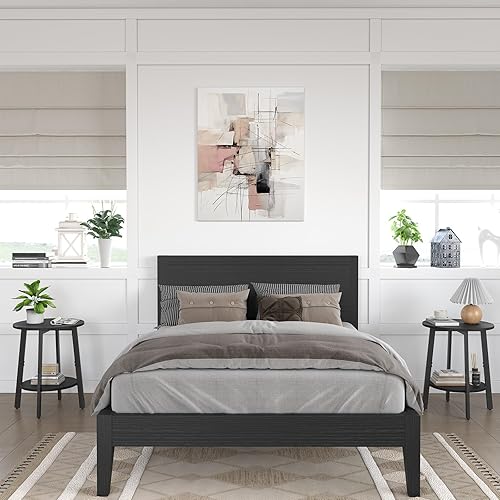 Miniatura 7 de Juego de 2 mesas auxiliares, mesa auxiliar redonda pequeña con estante de almacenamiento para espacios pequeños, mesita de noche negra de 2 niveles