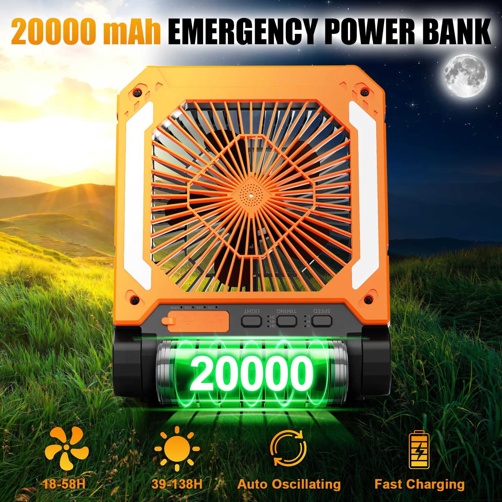 Ventilateur solaire de camping - 20 000 mAh - Rechargeable - USB - Avec lumière LED et crochet - Clip à piles - Pour extérieur, camping, panne de courant, pêche, ouragan