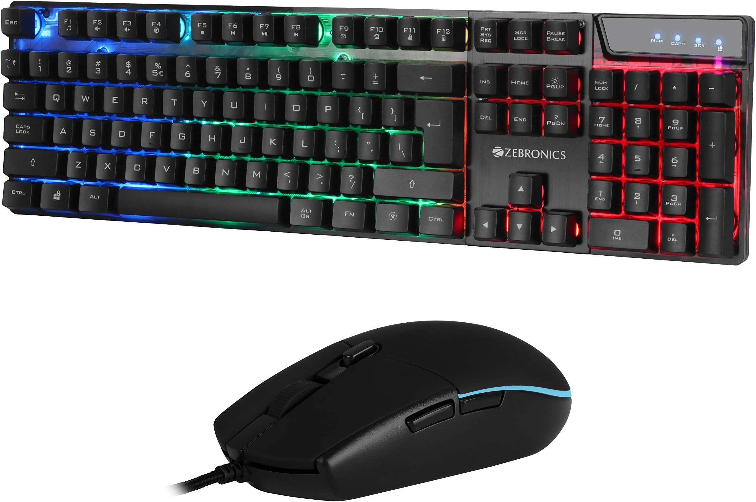 Zebronics War Gaming Keyboard and Mouse Combo,Gold Plated USB, Braided Cable,Multicolour LEDs/Gaming Mouse with breathing LEDs and 3200 DPI